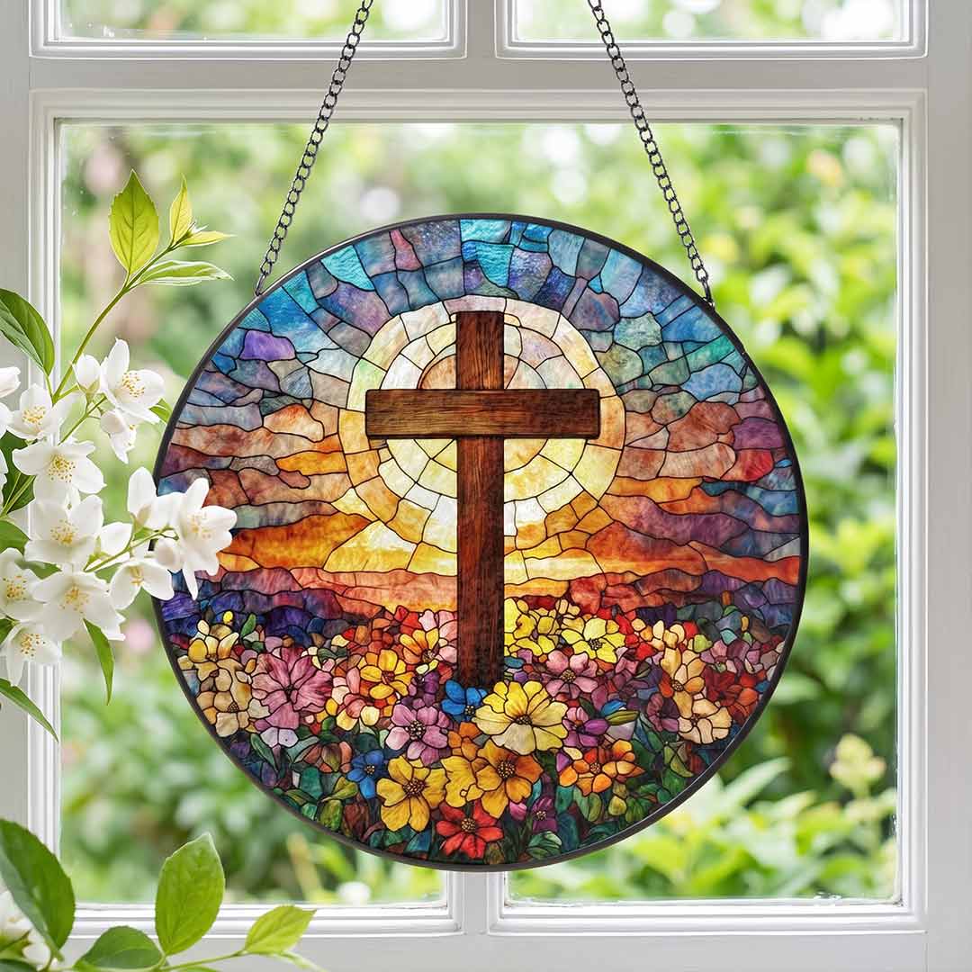 Floral Cross Faith Hope Spiritual Inspiration Nativity Stained Glass Suncatcher Christmas Ornament