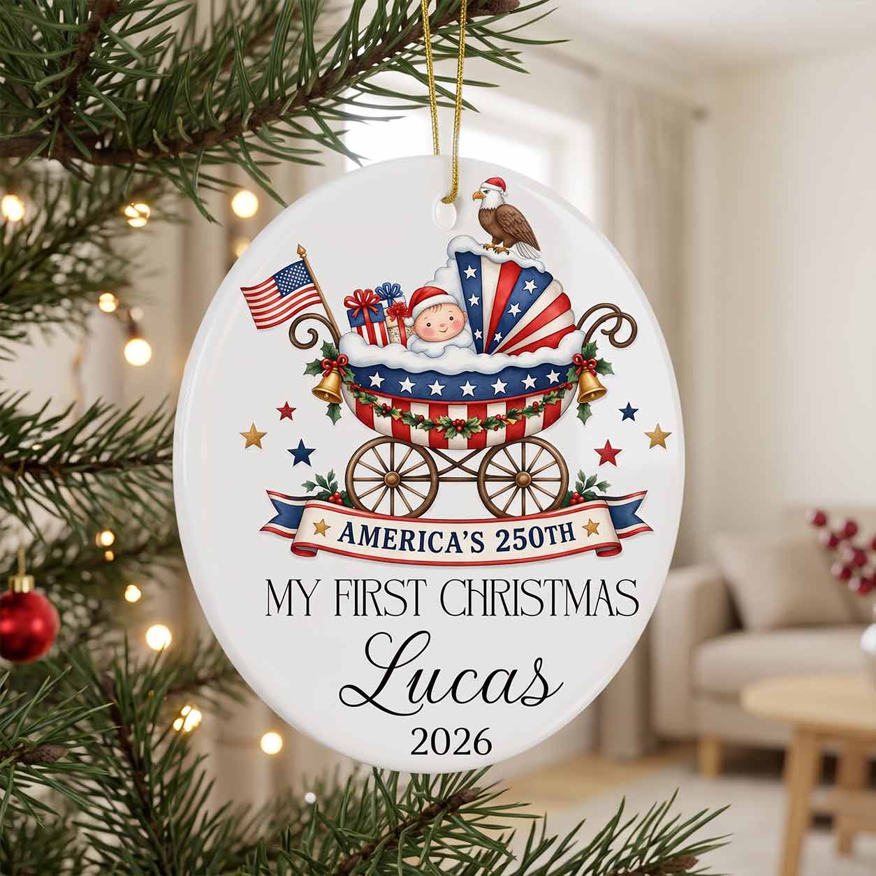 America's 250th Baby Carriage My First Christmas Custom Name Newborn Patriotic Round Ceramic Christmas Ornament