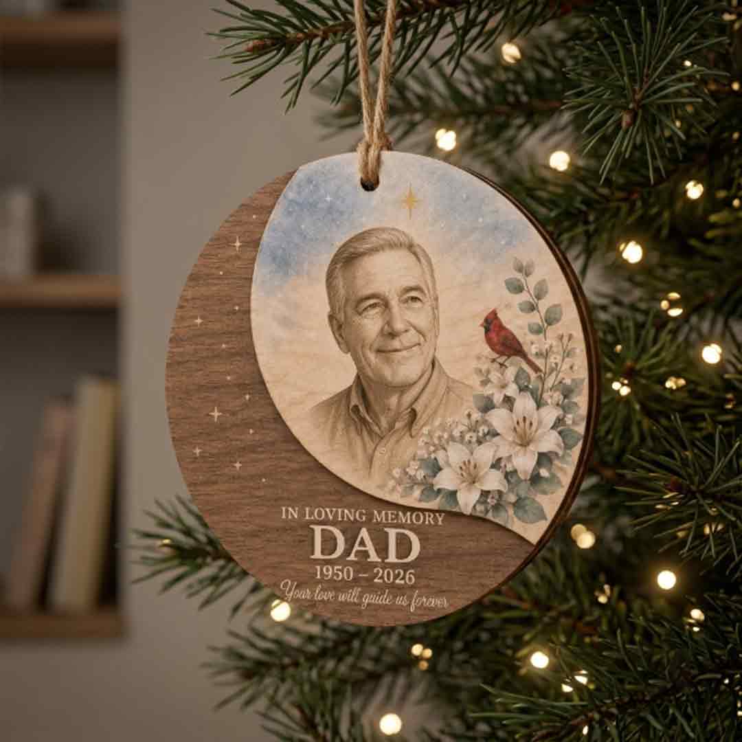 In Loving Memory Dad Beach Sunset Personalized Custom Name Date Memorial 2-Layer Wooden Christmas Ornament Memorial Keepsake for Loss of Dad