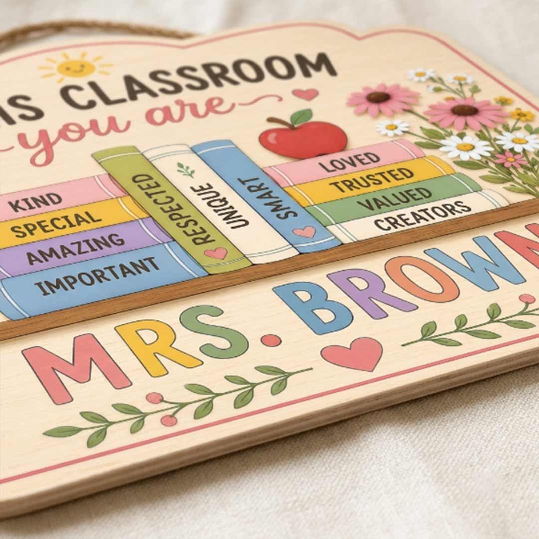Personalized Flower Bird Teacher Name Wooden Sign Door Hanger Positive Affirmation Teacher Door Hanger Wooden Classroom Decor, Back to School Sign