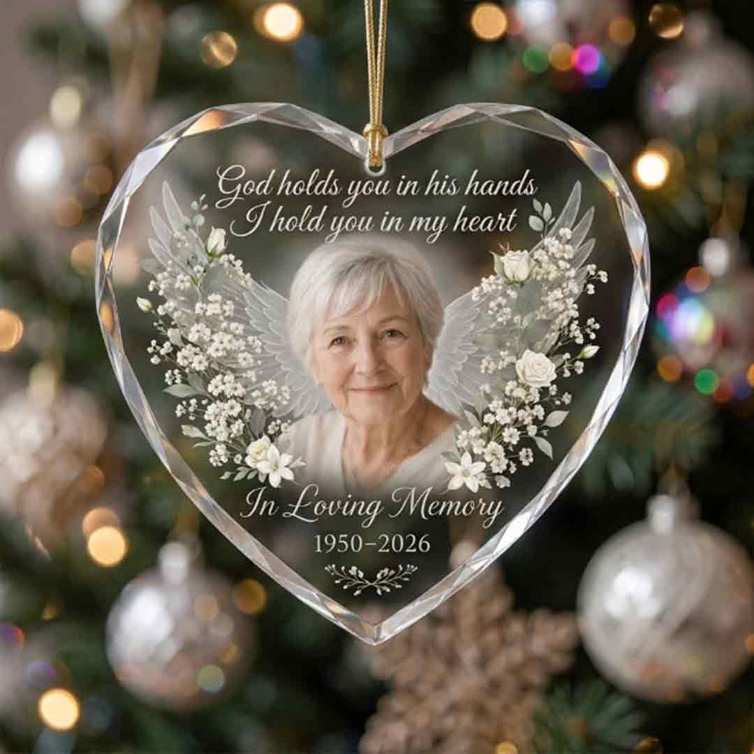 Memorial Angel Wings Floral Personalized Memorial Custom Name Date Photo In Loving Memory Gift Heart Glass Christmas Ornament