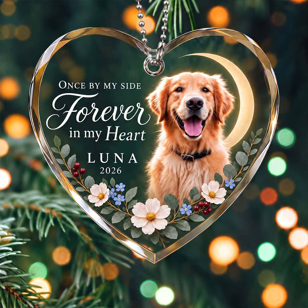 Pet Memorial Crescent Moon Floral Personalized Pet Custom Name Date Photo Pet Loss Gift Heart Glass Christmas Ornament