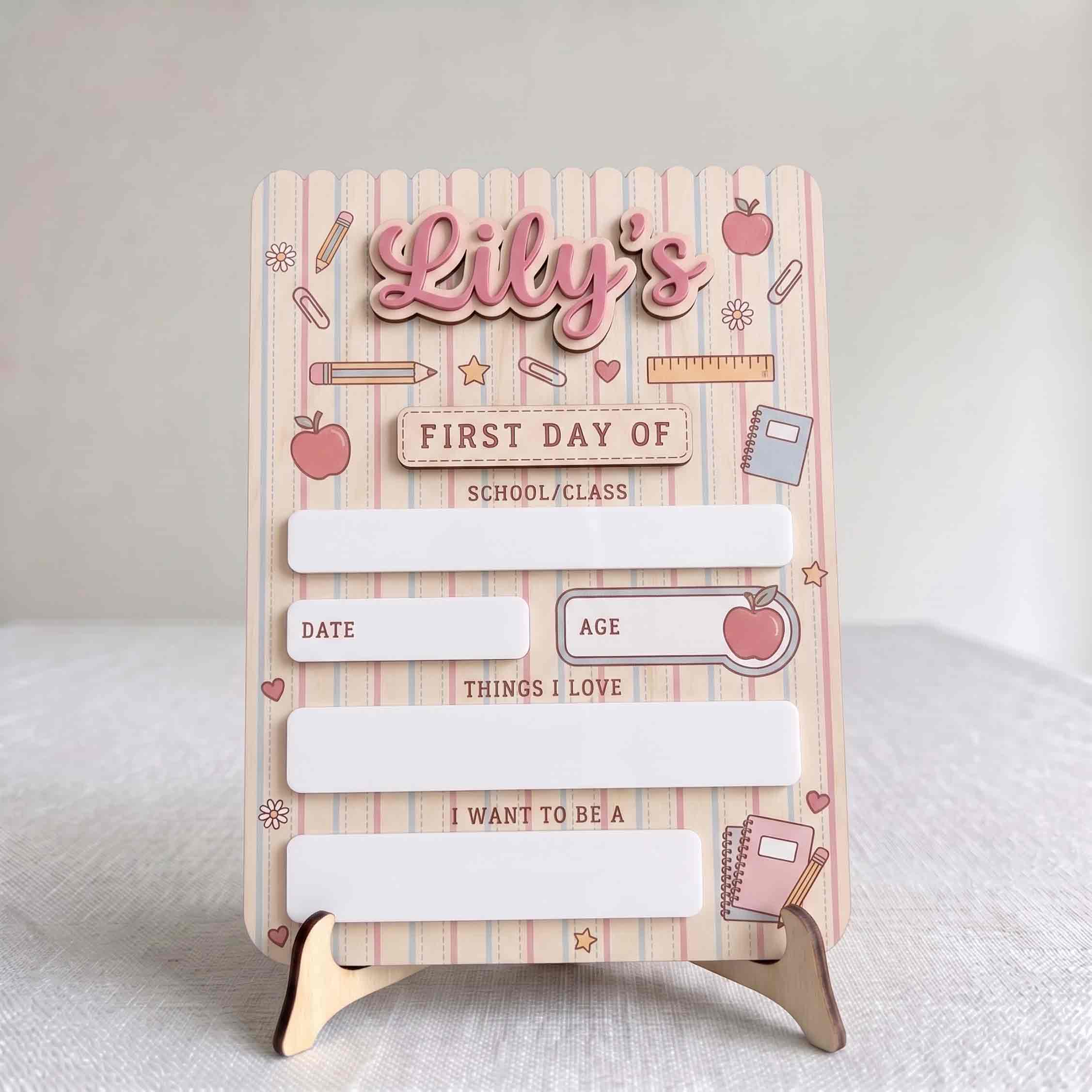 Personalized Girly Stationery First & Last Day School Sign, Reusable Dry Erase Board, Back to School Sign