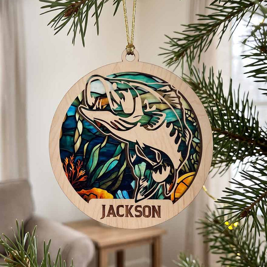 Underwater Bass Fishing Personalized Custom Name Fishing 2-Layer Wooden Christmas Ornament for Angler Christmas Gift