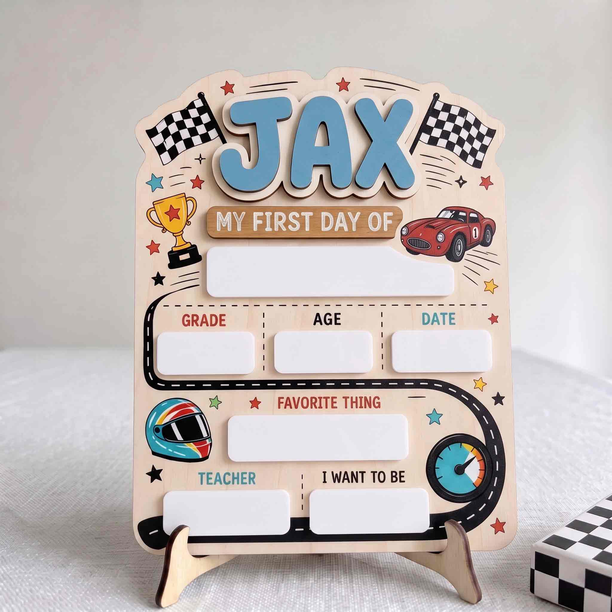 Personalized Speedway Race Theme First & Last Day School Sign, Reusable Dry Erase Board, Back to School Sign