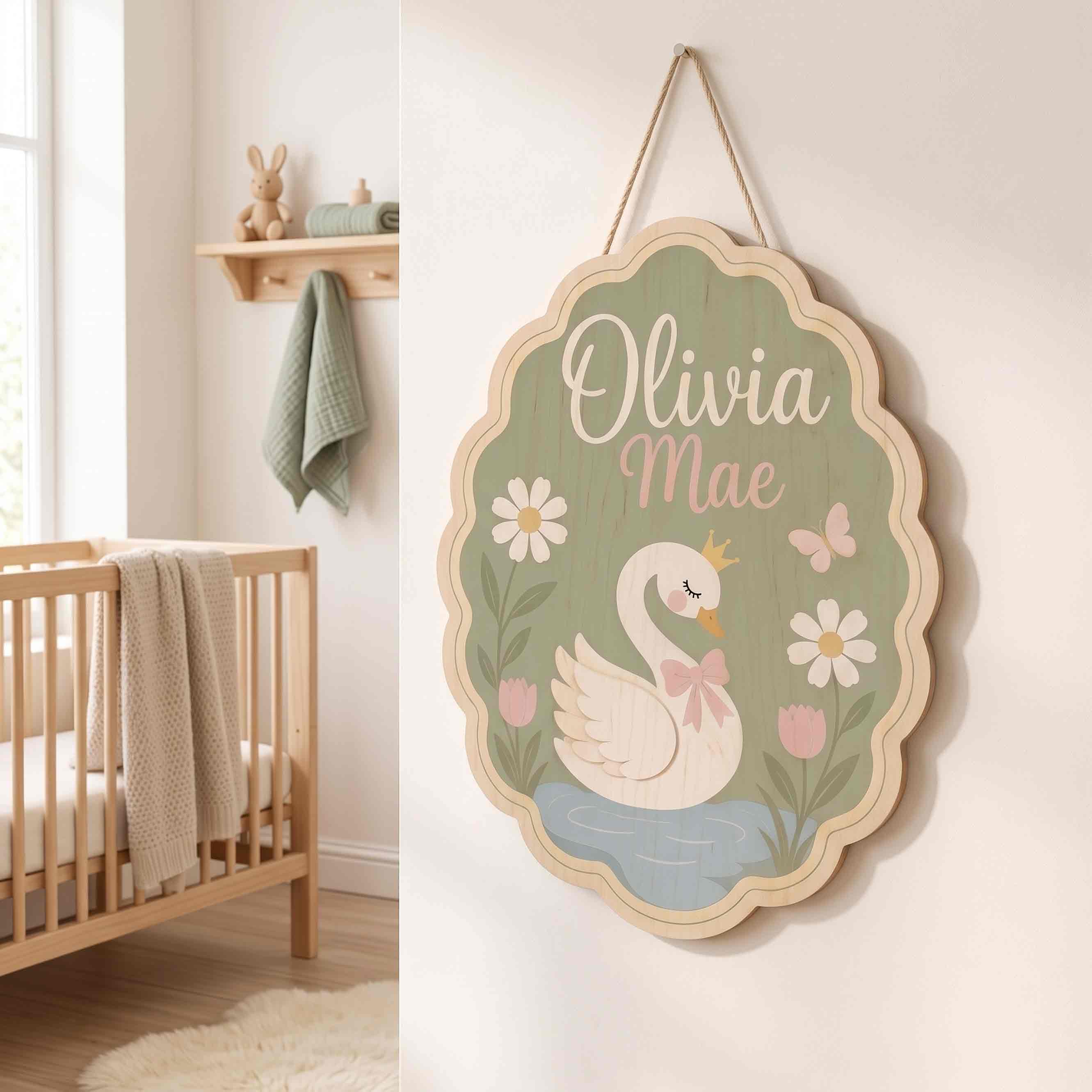 Personalized Swan Nursery Name Wooden Sign