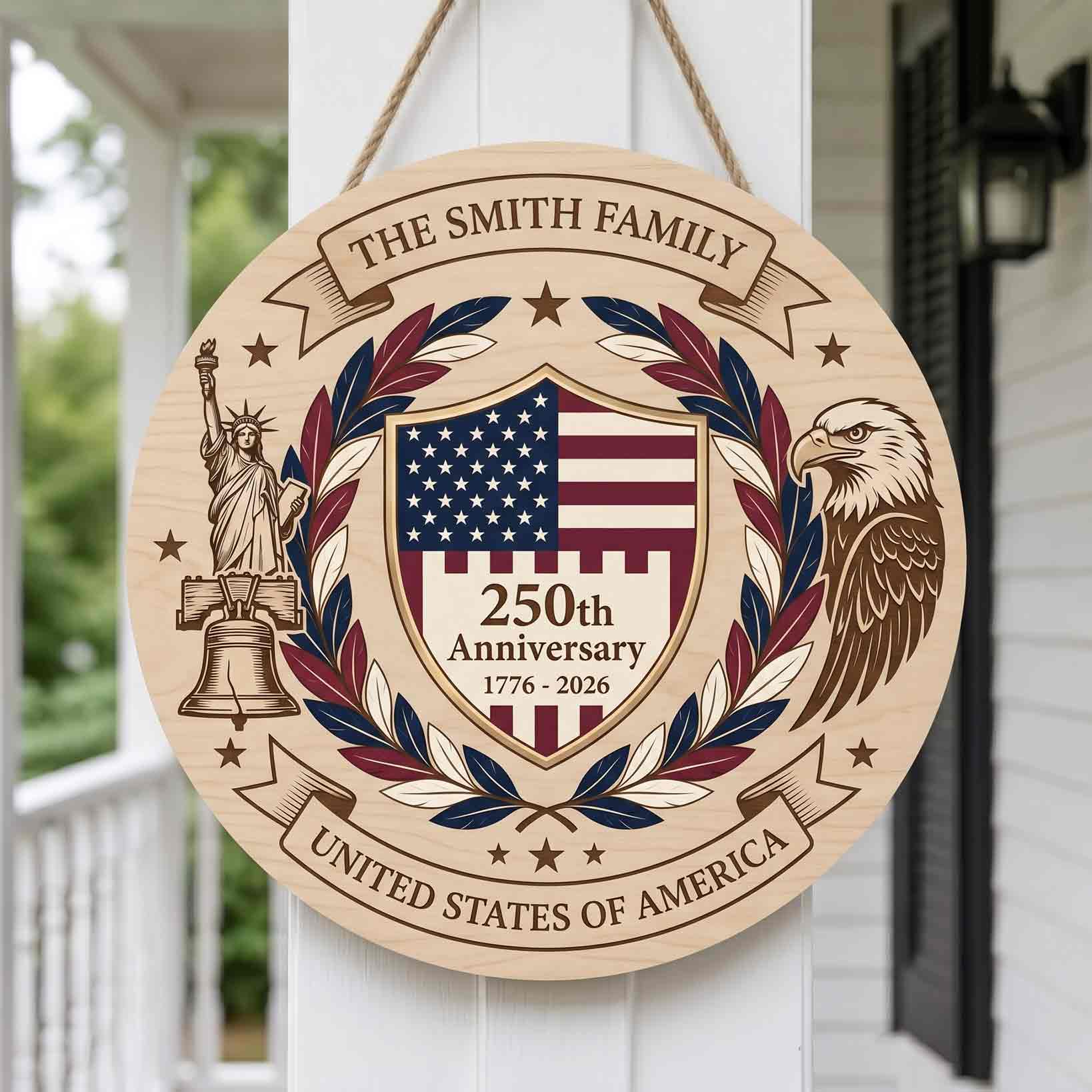 Personalized America 250th Anniversary Wooden Sign With Family Name American Heritage Decor