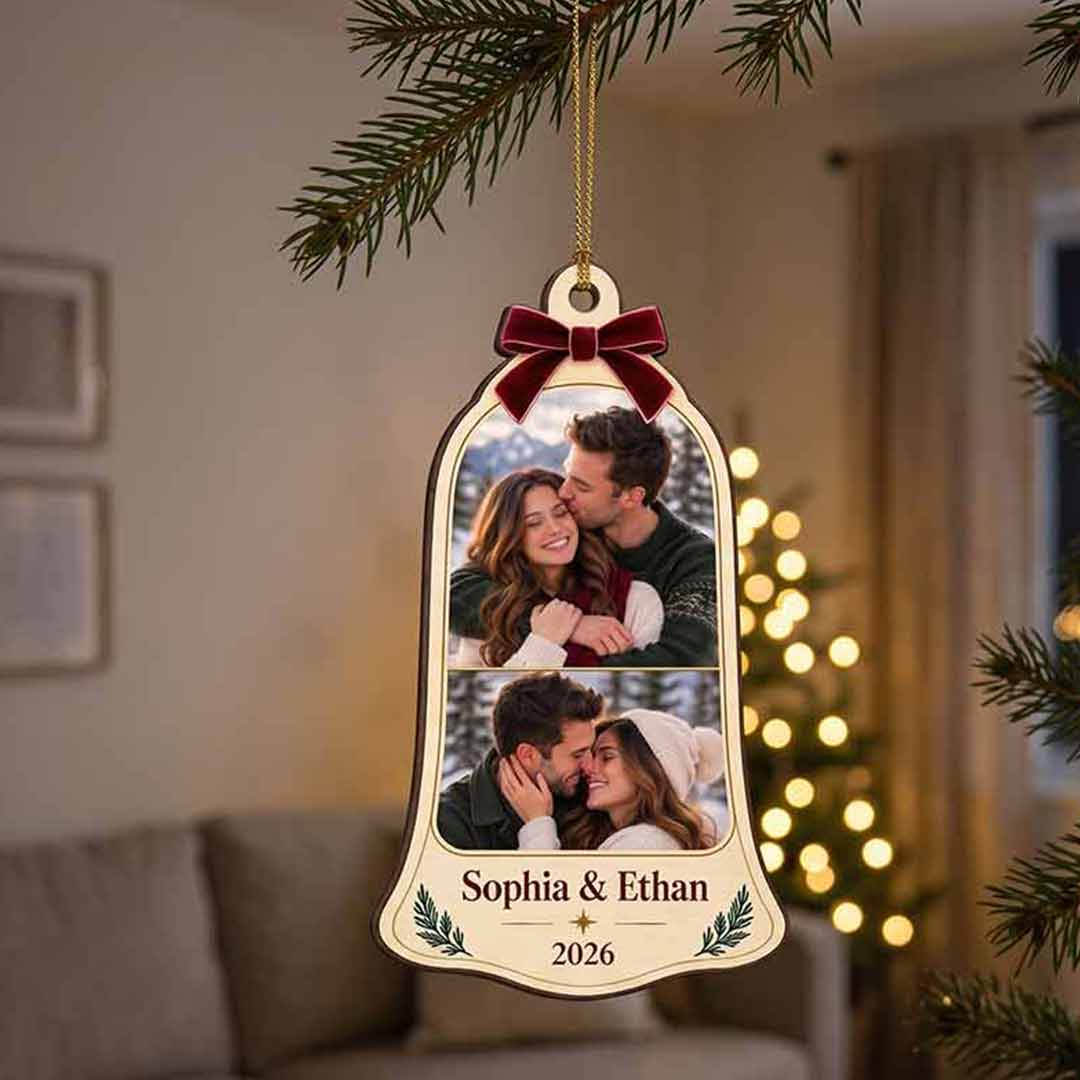 Christmas Bell with Bow Couple 2026 Holiday Keepsake Personalized Custom Name Date Photo Couple 1-Layer Wooden Christmas Ornament for Couples Gift
