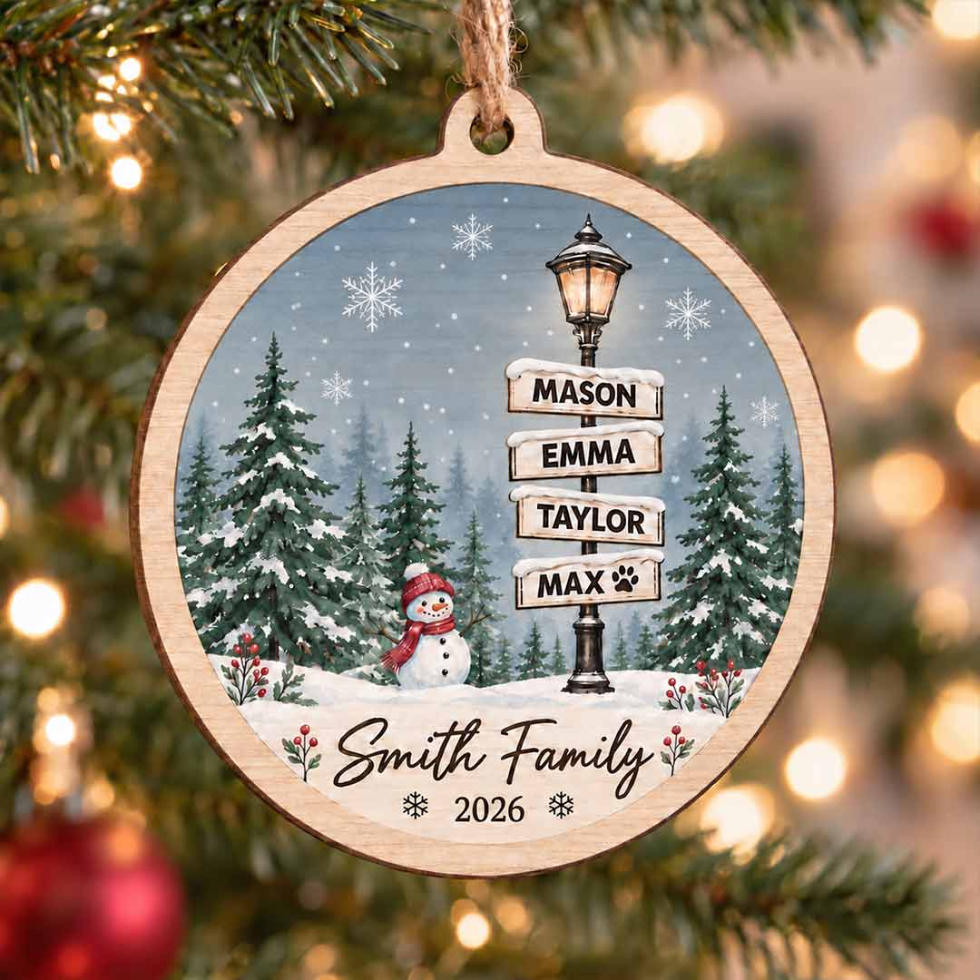 Winter Street Sign 2026 Xmas Holiday Keepsake Personalized Custom Name Date Family 1-Layer Wooden Christmas Ornament for Christmas Gift