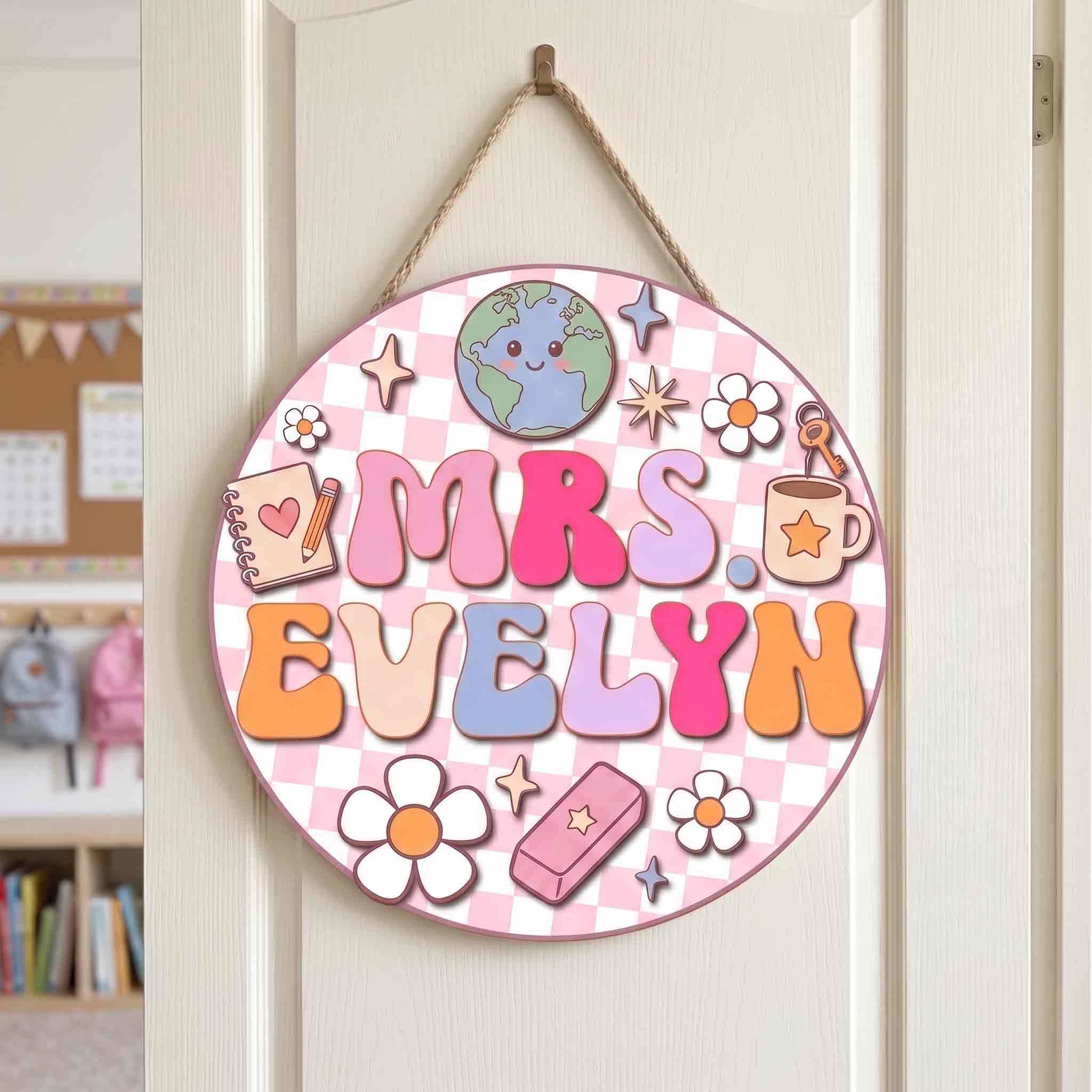 Personalized Classroom Teacher Wooden School Sign, Custom Teacher Name Door Hanger for Elementary Classroom Decor