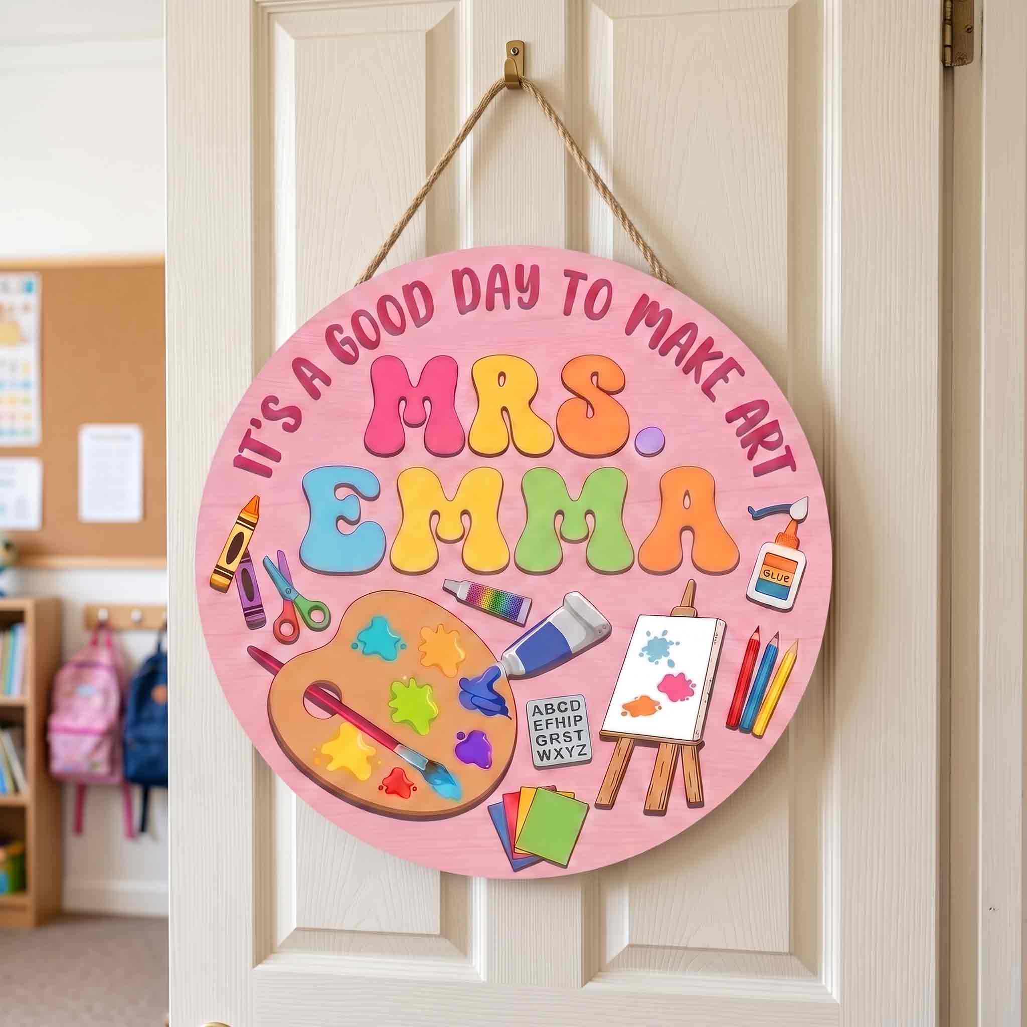Personalized Art Teacher Classroom Door Hanger Wooden Sign, Custom Art Classroom Welcome Sign