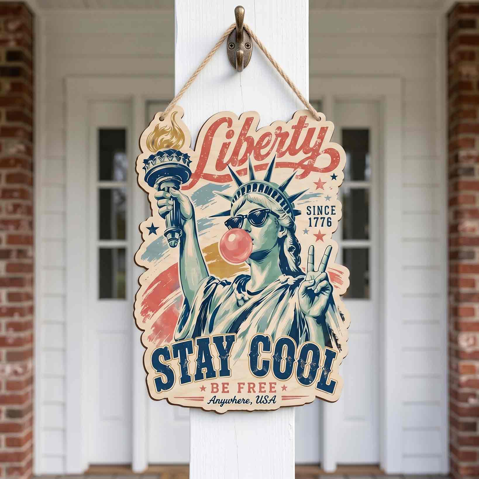 Liberty Stay Cool Be Free Wooden Hanging Sign Funny Patriotic Door Decor