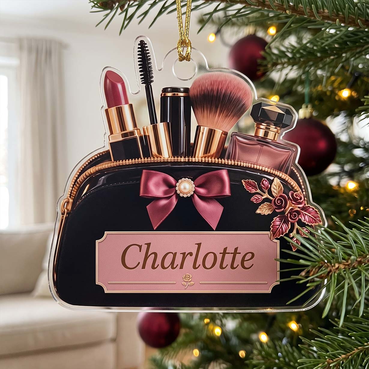 Makeup Black Floral Cosmetic Bag Lipstick Brush Custom Name Acrylic Christmas Ornament Makeup Lover