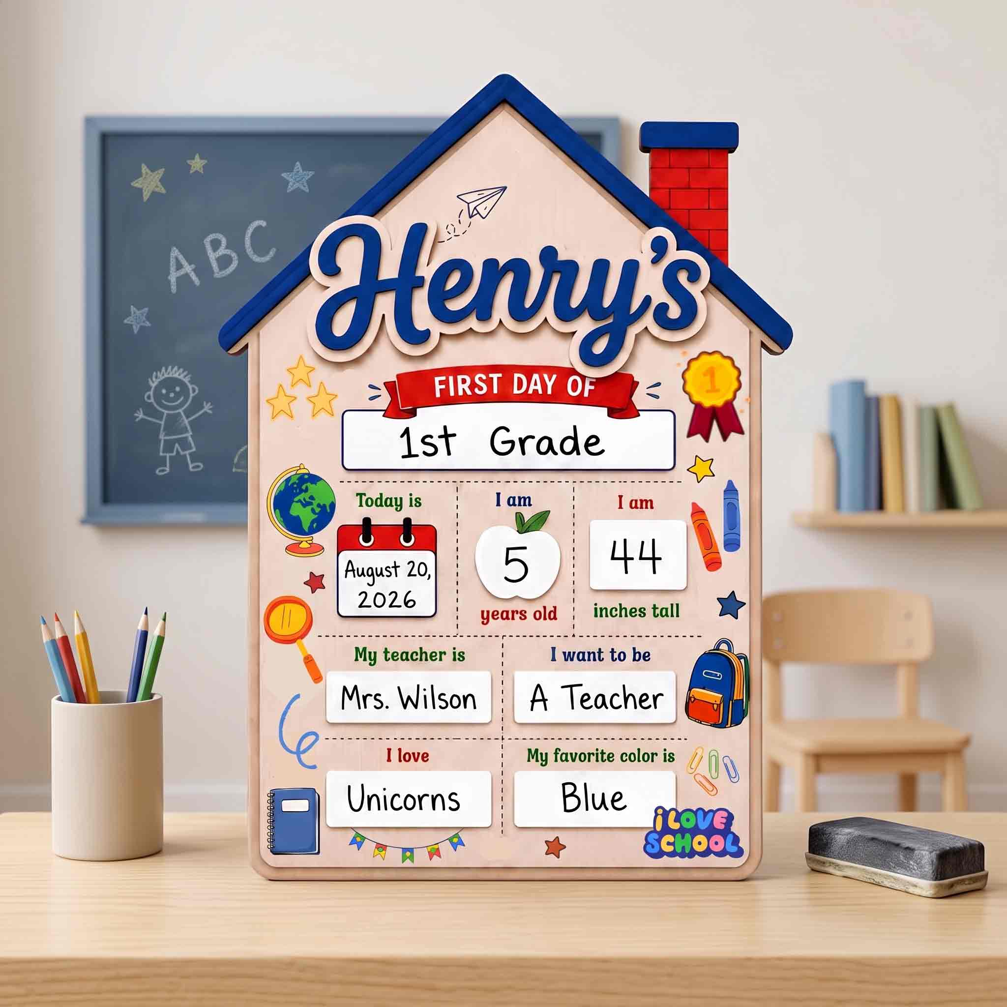 Personalized House Shaped First Day School Board, Reusable Dry Erase Board, Back to School Sign