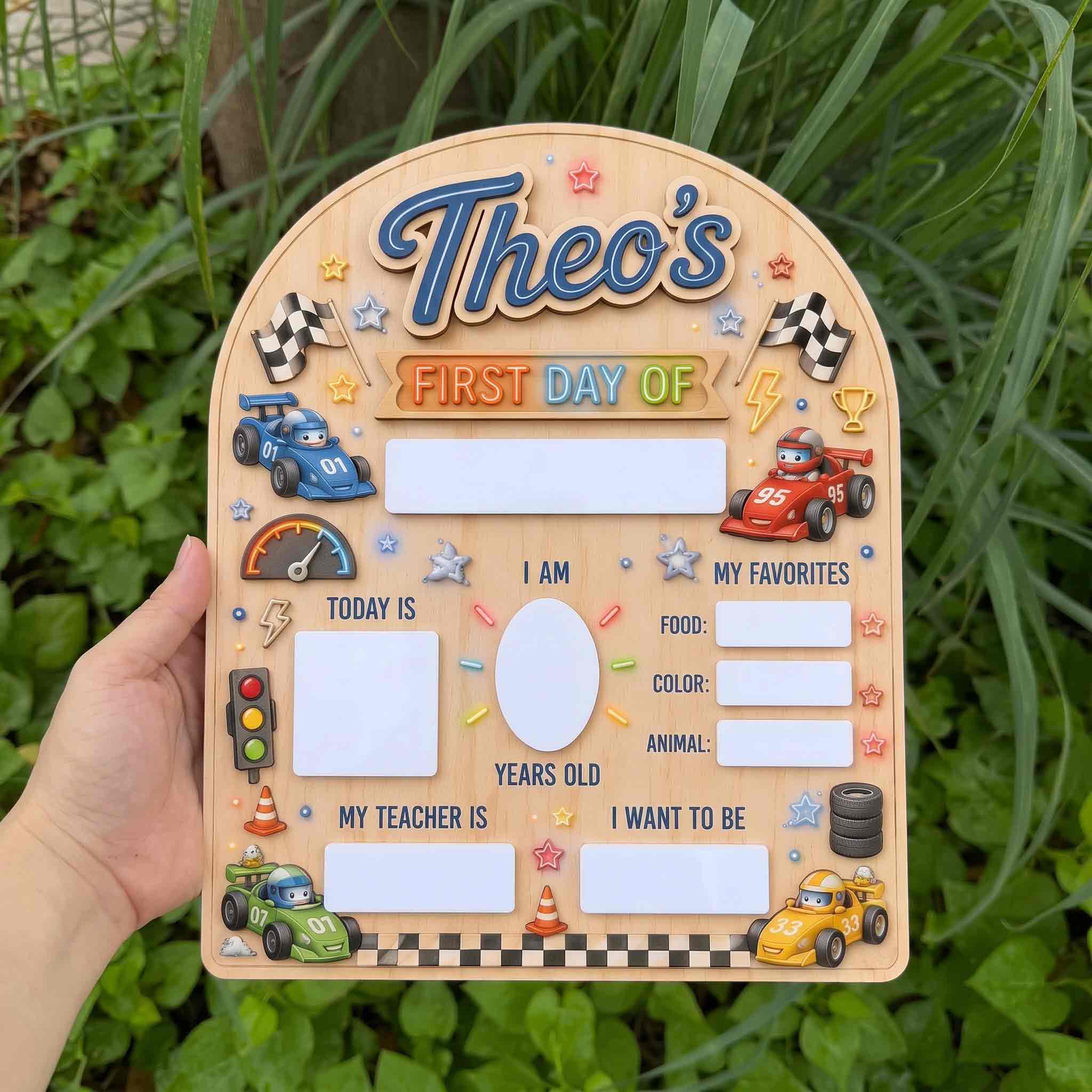 Personalized Speed Racing Theme First & Last Day School Sign, Reusable Dry Erase Board, Back to School Sign
