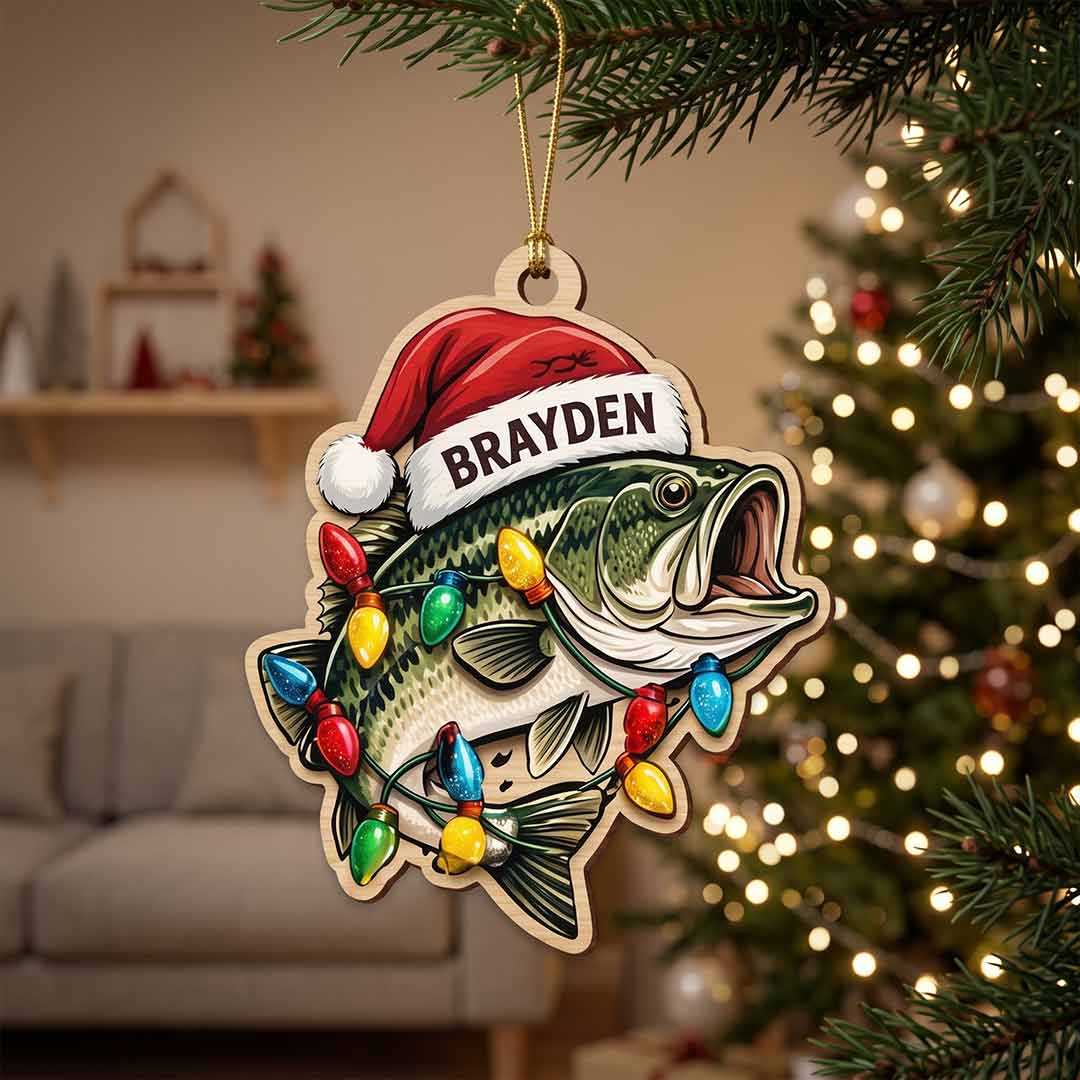 Christmas Fish Santa Hat Fisherman Holiday Keepsake Personalized Custom Name Fishing 1-Layer Wooden Christmas Ornament for Anglers Gift