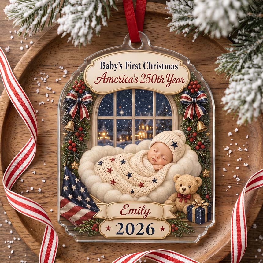 Winter Window Sleeping Baby America's 250th Year Custom Name Baby's First Christmas Acrylic Christmas Ornament Baby Christmas Keepsake Gift