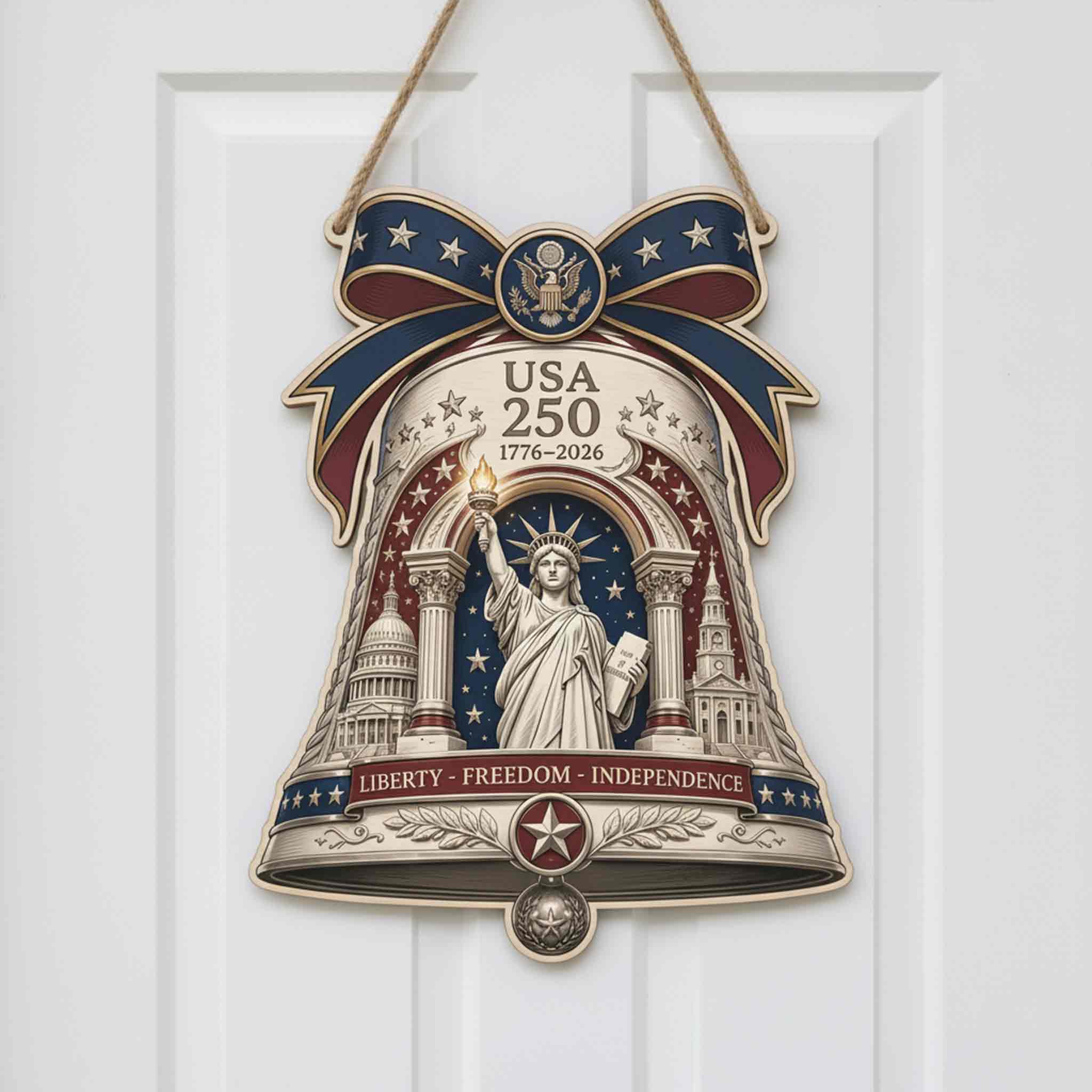 America 250th Anniversary Wooden Sign With Liberty Bell and Statue of Liberty