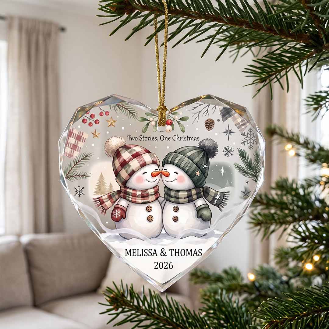 Two Stories One Christmas Snowman Couple Personalized Couple Custom Name Date Christmas Gift Heart Glass Christmas Ornament