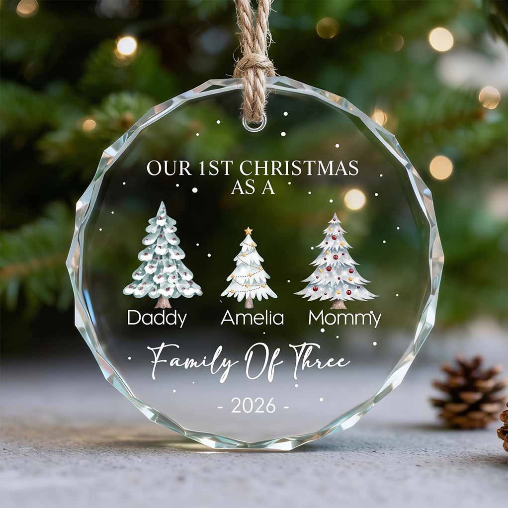 Our First Christmas as a Family of Two, Three, Four Holiday Keepsake Personalized Custom Name Date Newborn Round Glass Christmas Ornament