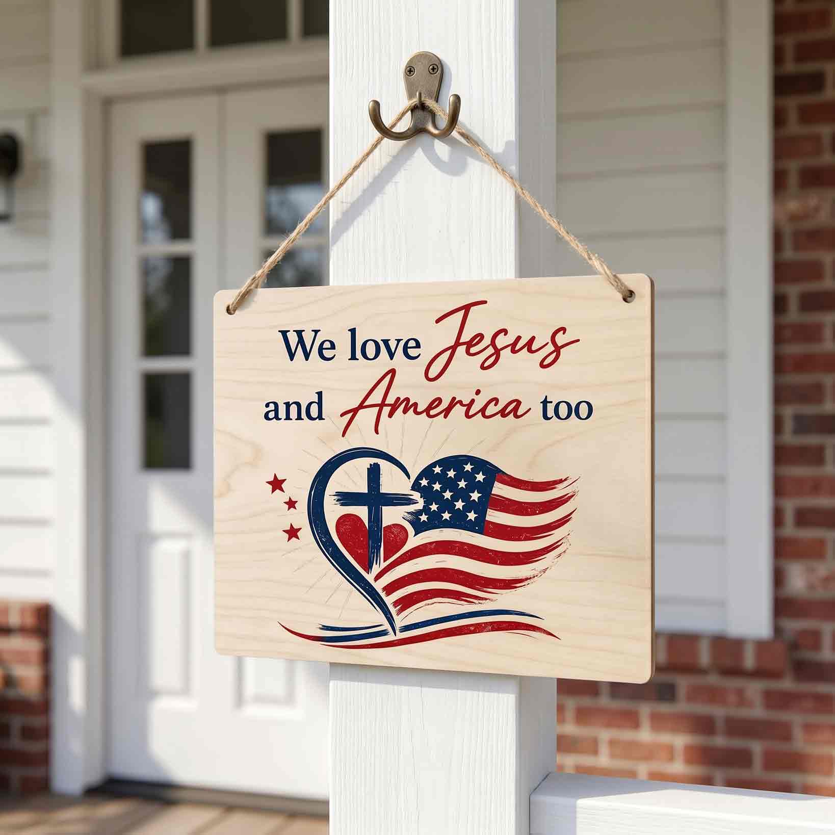 We Love Jesus And America Too Wooden Hanging Sign Christian Patriotic Decor