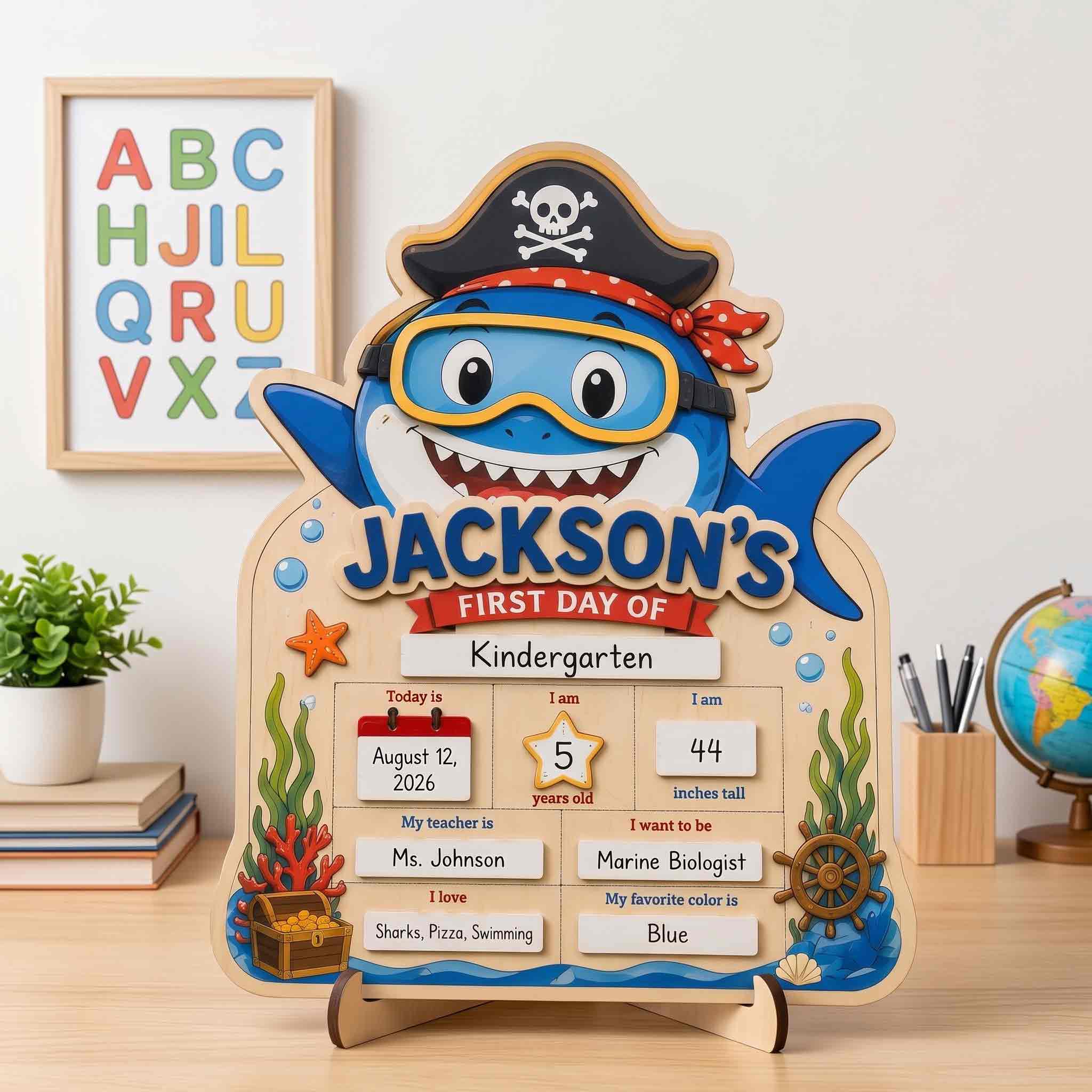 Personalized Cartoon Shark Theme First & Last Day School Sign, Reusable Dry Erase Board, Back to School Sign