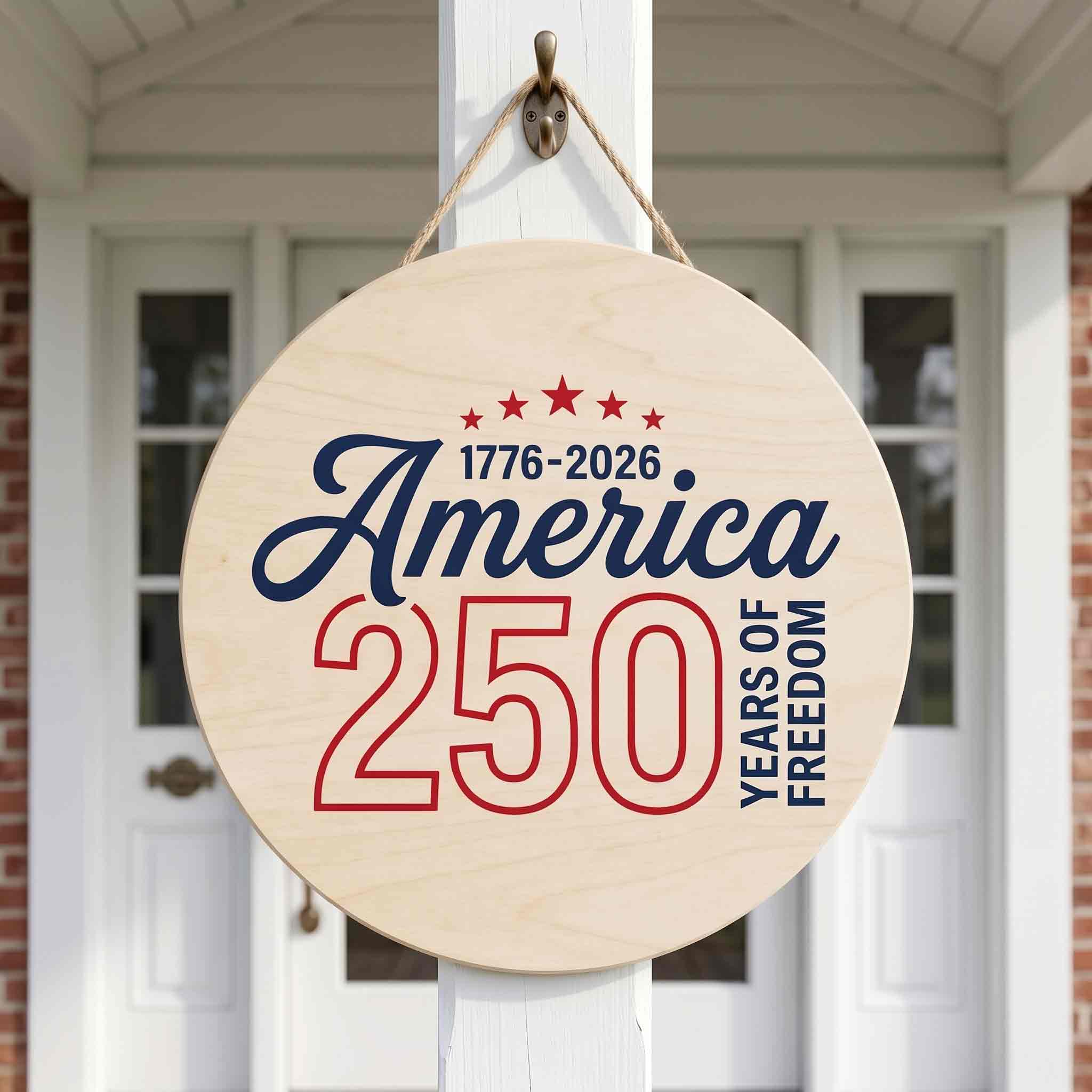 America 250 Years of Freedom 1776-2026 Round Minimalist Patriotic Wooden Sign