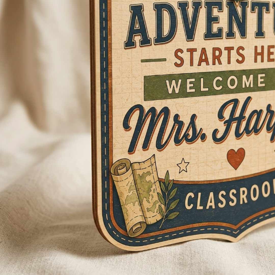 Personalized Teacher Name Wooden Sign Door Hanger Adventure Stars Here Classroom Sign Wooden Classroom Decor, Back to School Sign