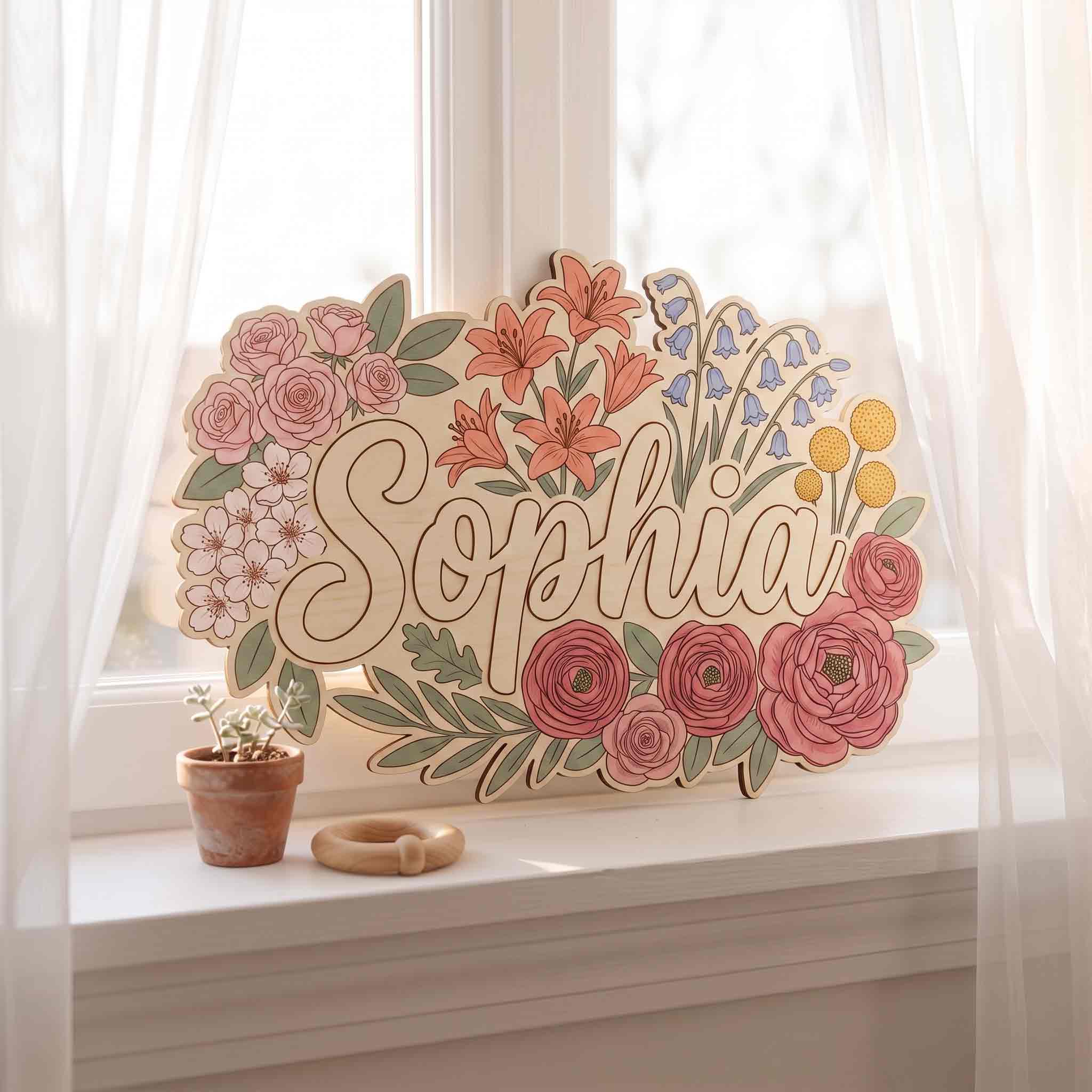 Personalized Botanical Flower Name Wooden Sign