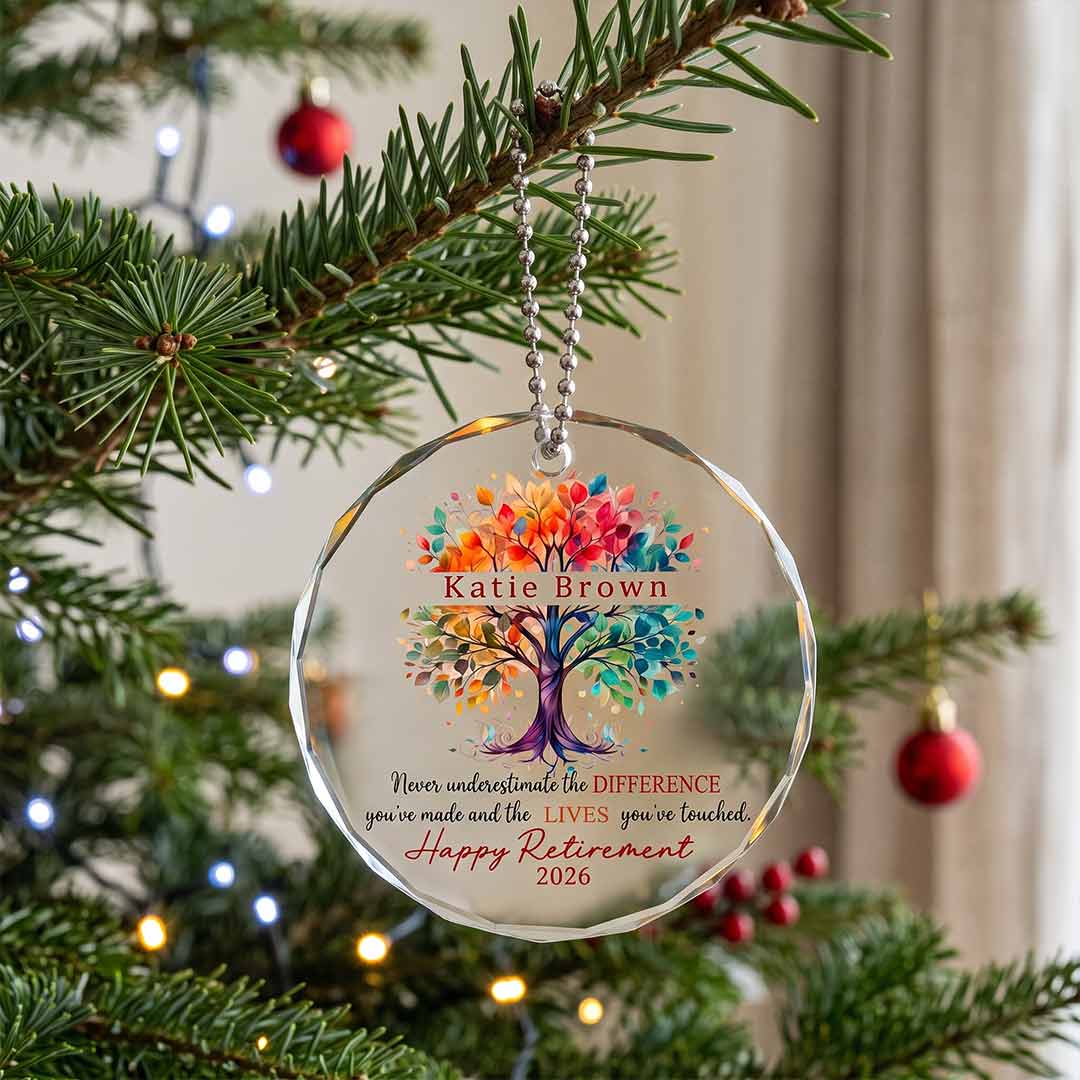 Tree of Life Happy Retirement Personalized Custom Name Date Retirement Round Glass Christmas Ornament for Retirement Gift