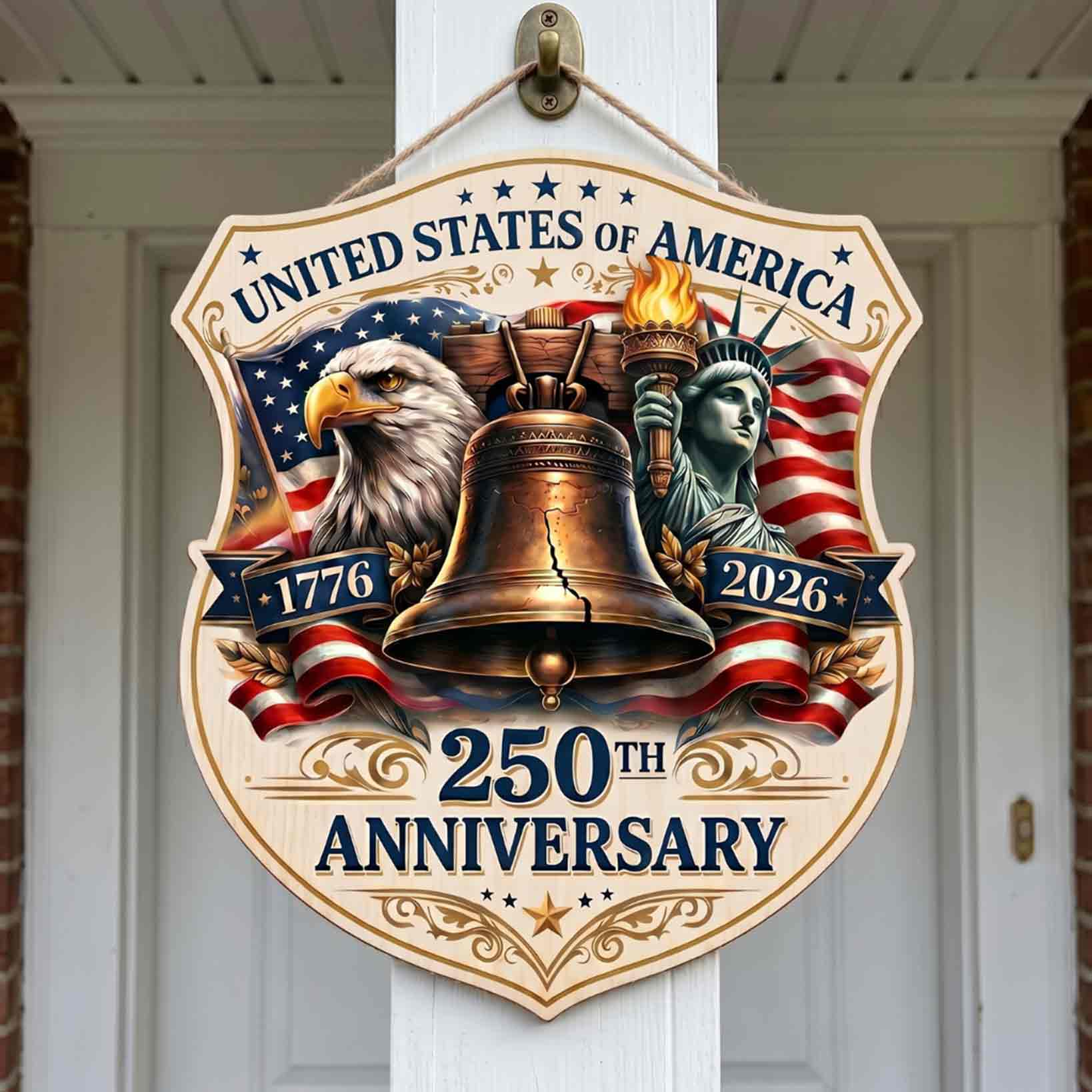 America 250th Anniversary Wooden Sign With Liberty Bell Eagle and Statue of Liberty Decor