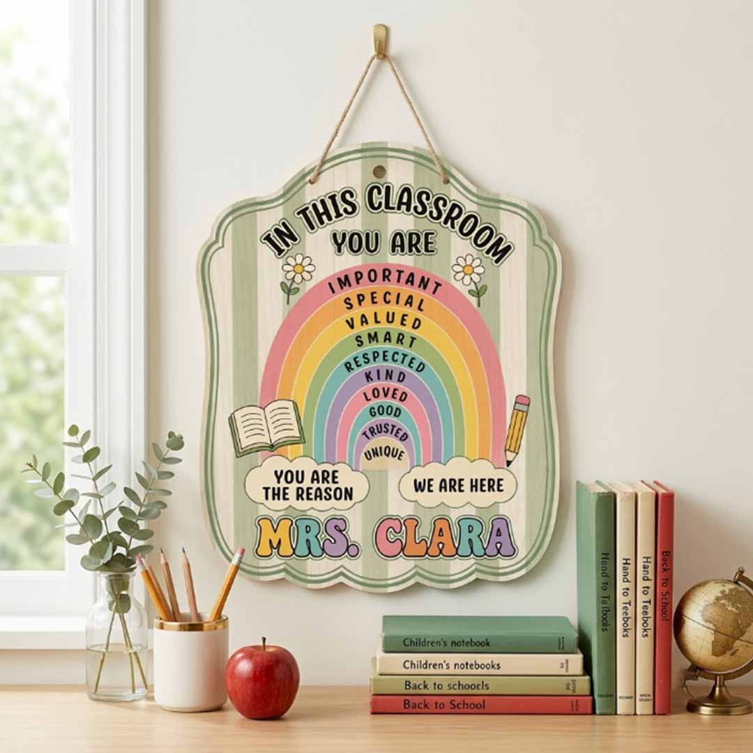 Personalized Teacher Name Wooden Sign Door Hanger Boho Rainbow Classroom Sign Wooden Classroom Decor, Back to School Sign