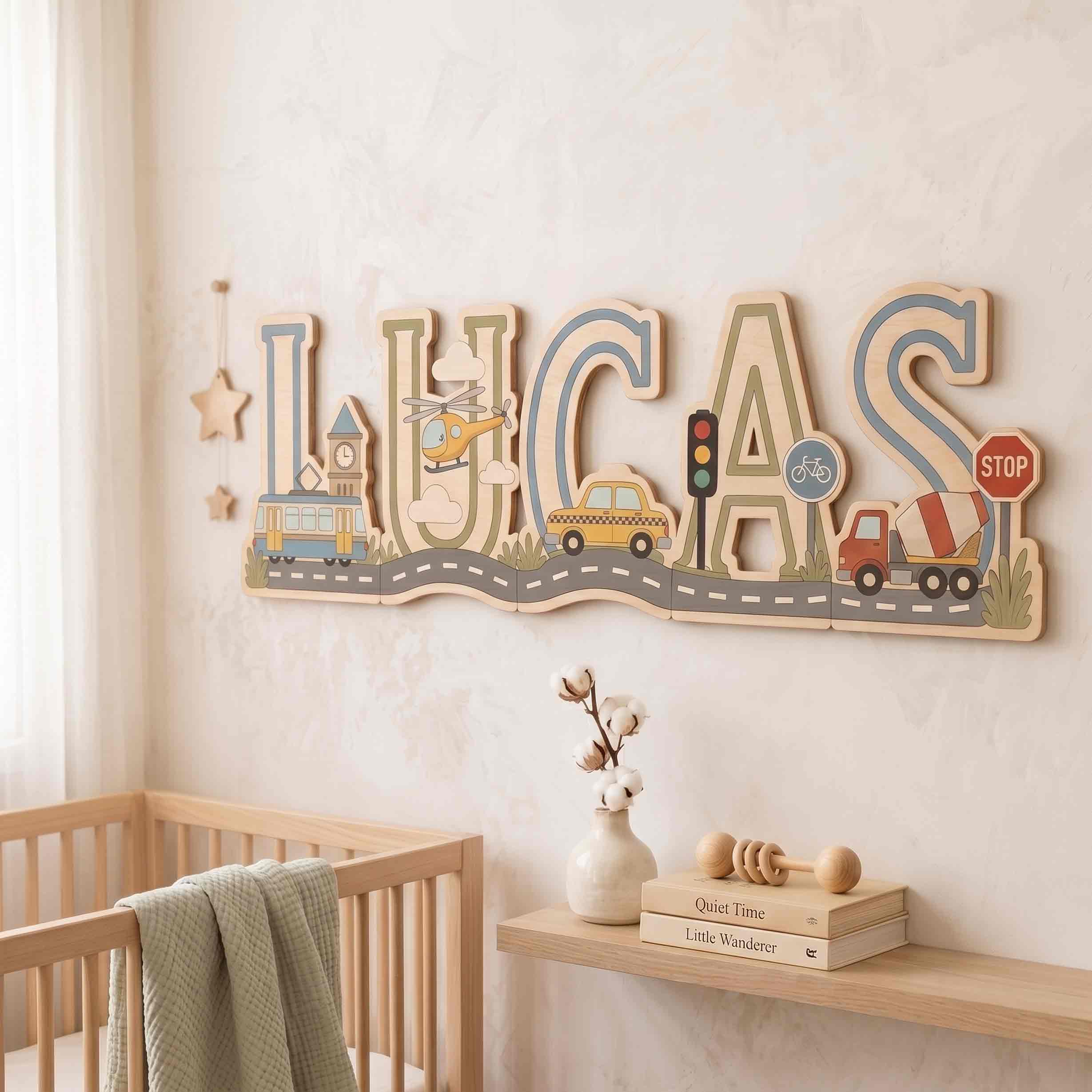 Personalized City Transportation Nursery Name Wooden Sign