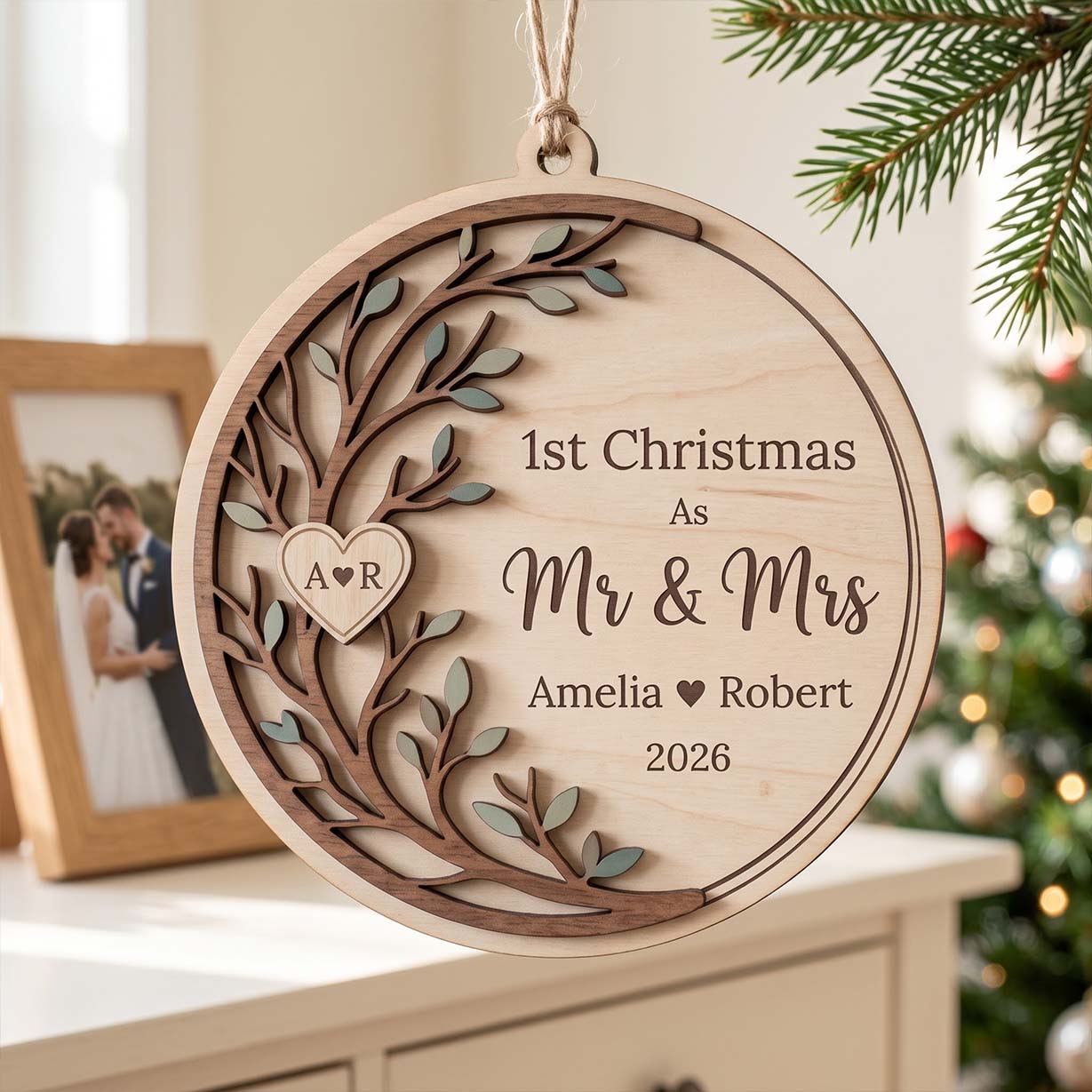 First Christmas Mr and Mrs Love Tree Custom Names Date First Married Christmas Wooden Ornament