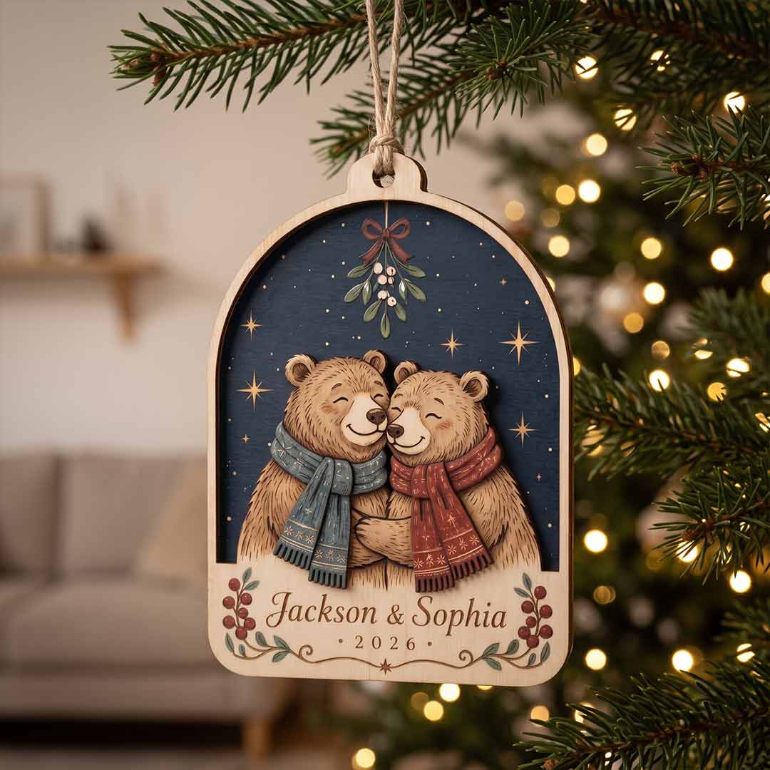 Christmas Bear Couple Personalized Custom Name Date Couple 2-Layer Wooden Christmas Ornament for Couples Christmas Gift