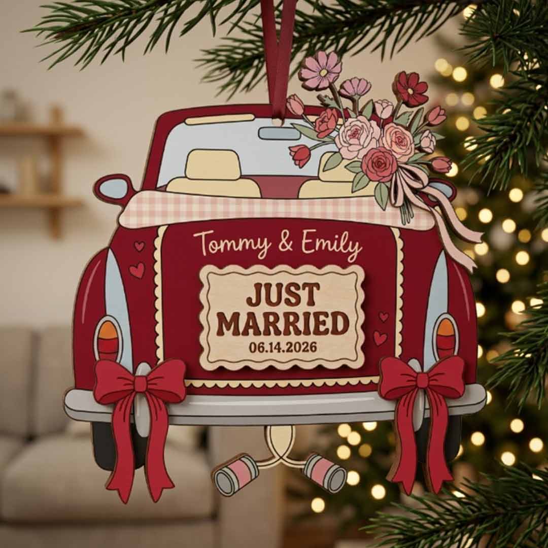Just Married Wedding Car Personalized Custom Name Date First Wedding 2-Layer Wooden Christmas Ornament Newlywed Couple Christmas Gift