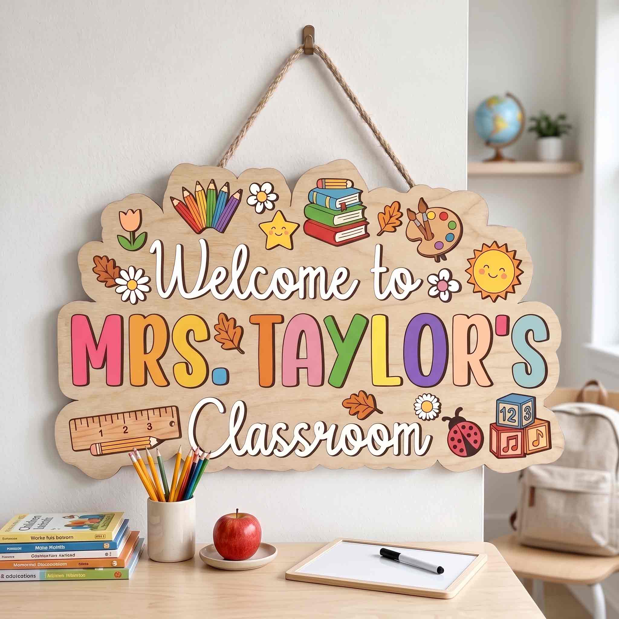 Personalized Rainbow Teacher Classroom Welcome Sign, Colorful School Supplies Classroom Decor Wooden Sign