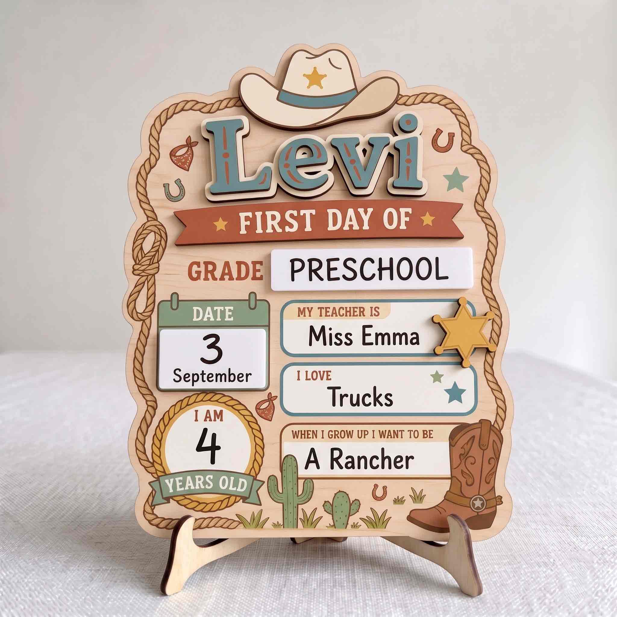 Personalized Western Cowboy First & Last Day School Sign, Reusable Dry Erase Board, Back to School Sign