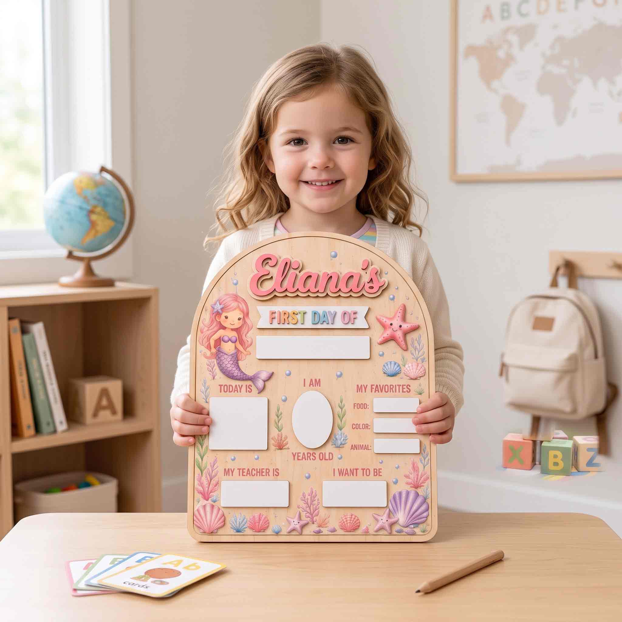 Personalized Mermaid Ocean Style First & Last Day School Sign, Reusable Dry Erase Board, Back to School Sign