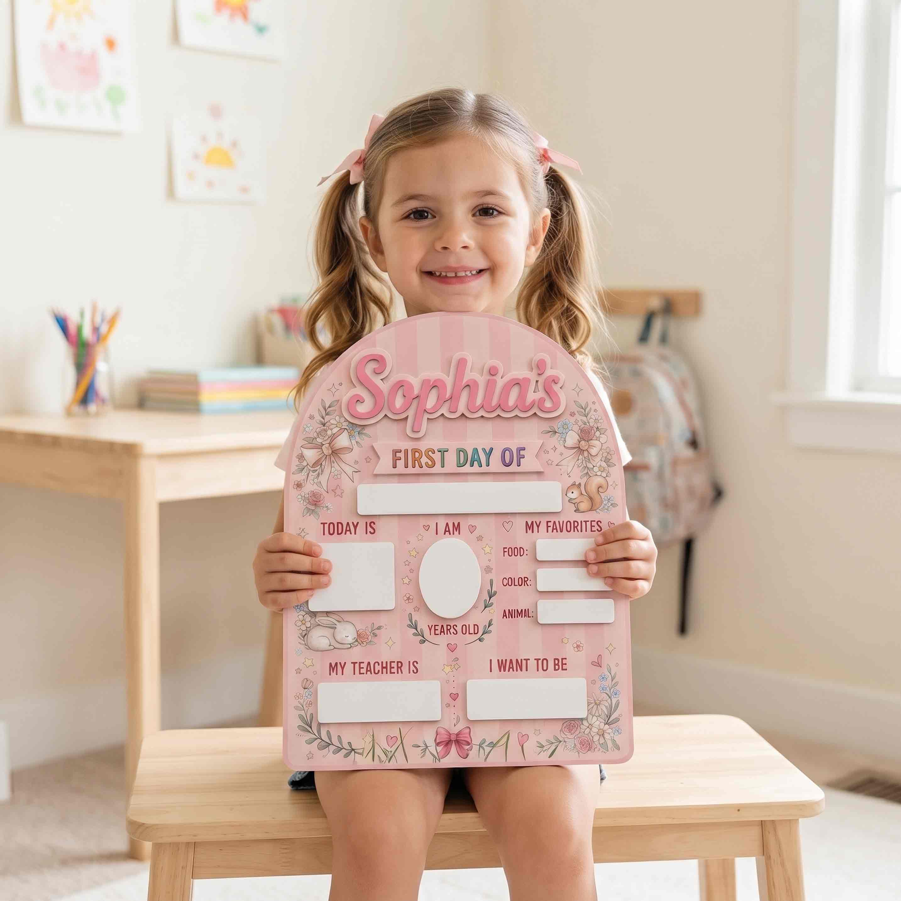 Personalized Coquette Bunny First Day School Board, Reusable Dry Erase Board, Back to School Sign