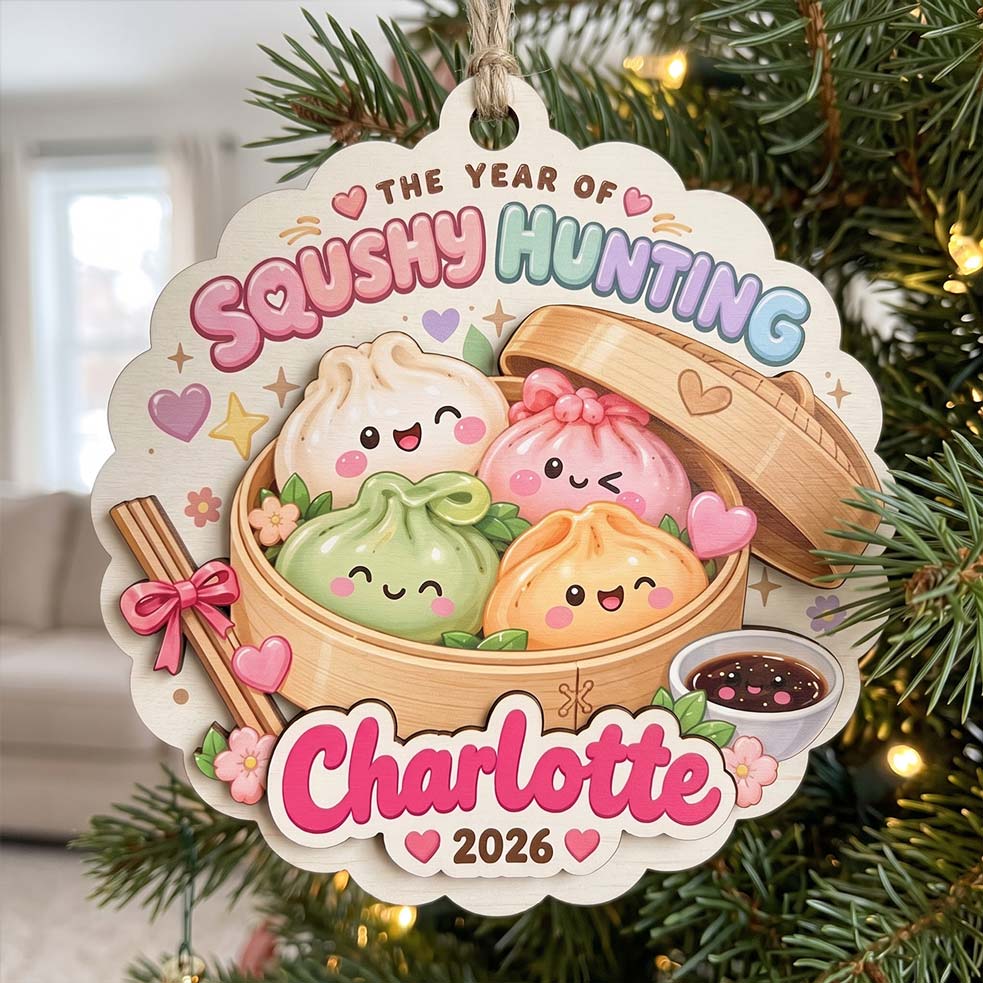 Squishy Hunting Dumpling Basket Custom Name Date Wooden Ornament Foodie