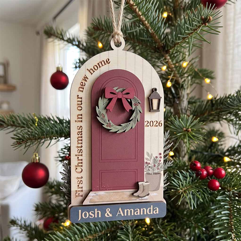 First Christmas New Home Red Door Wreath Personalized New Home Custom Name Date Couple Gift Wooden Christma