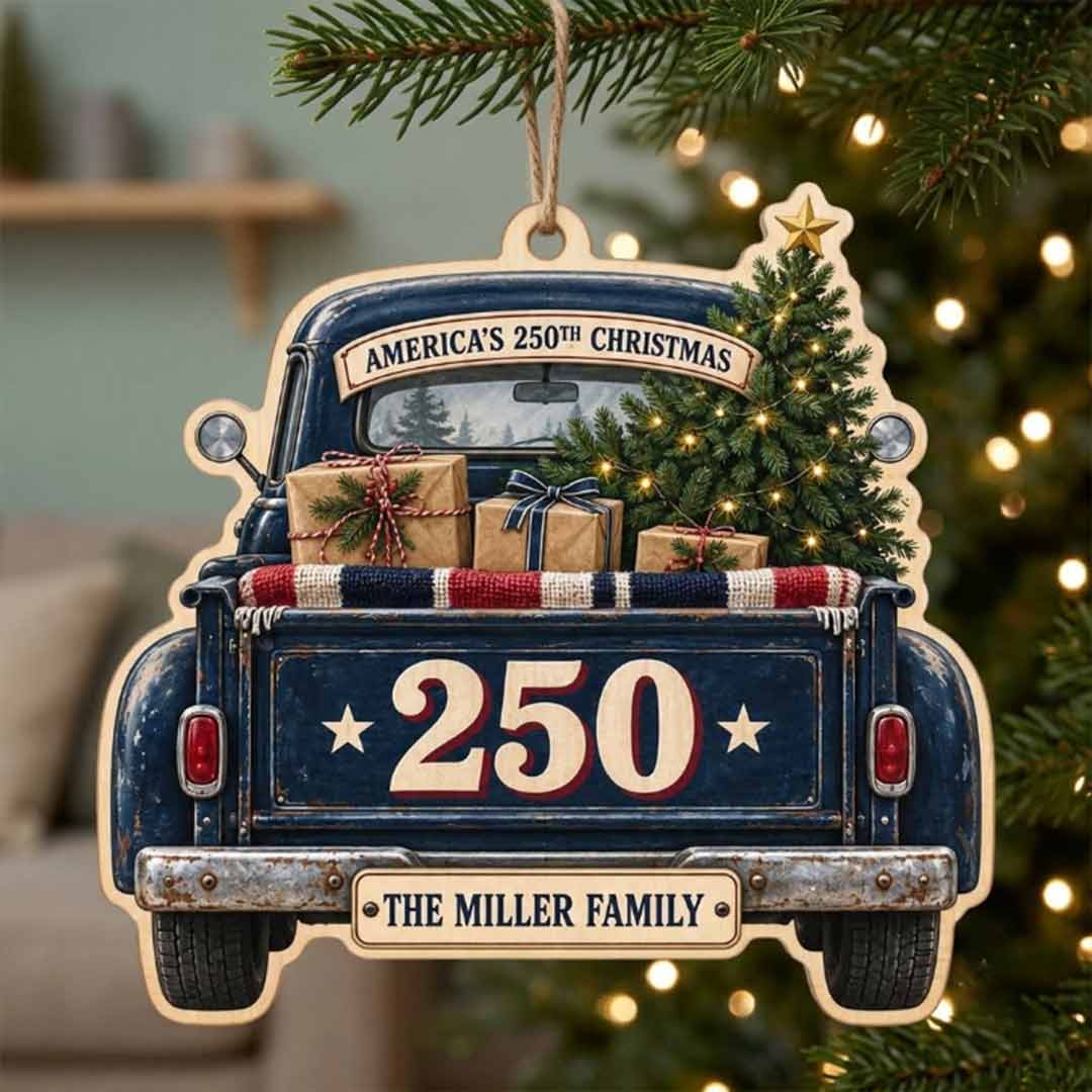 America's 250th Vintage Christmas Truck Patriotic Holiday Keepsake Personalized Custom Name Patriotic 1-Layer Wooden Christmas Ornament for American Pride