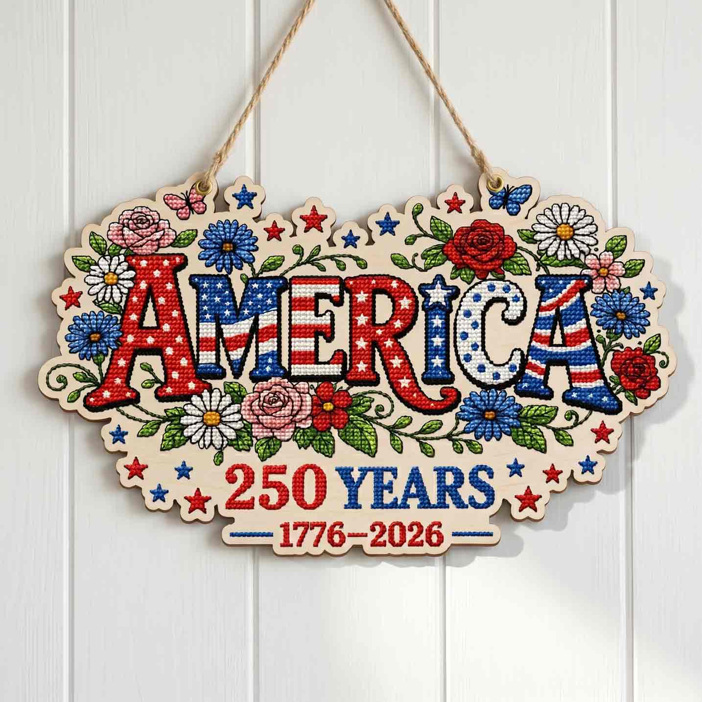 America 250 Years Patriotic Cross Stitch 1776-2026 Wooden Sign