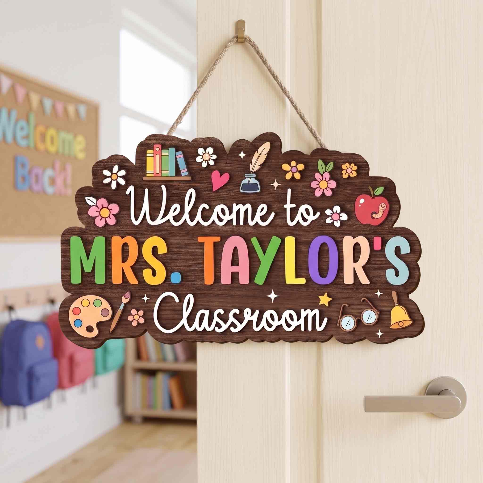 Personalized Colorful Teacher Classroom Welcome Wooden Sign, Custom Teacher Name Door Hanger Decor