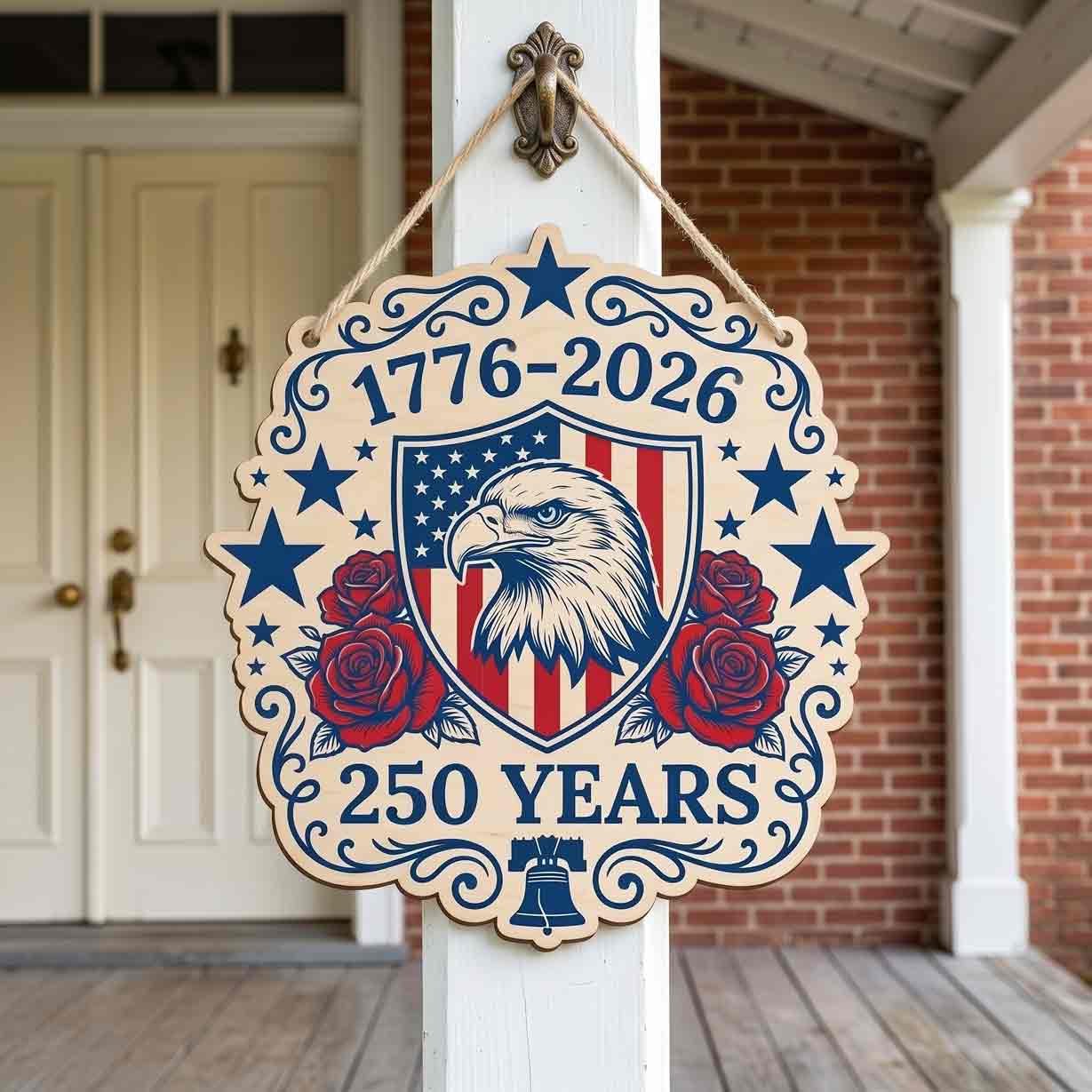America 250 Years Freedom Celebration Wooden Sign With Bald Eagle