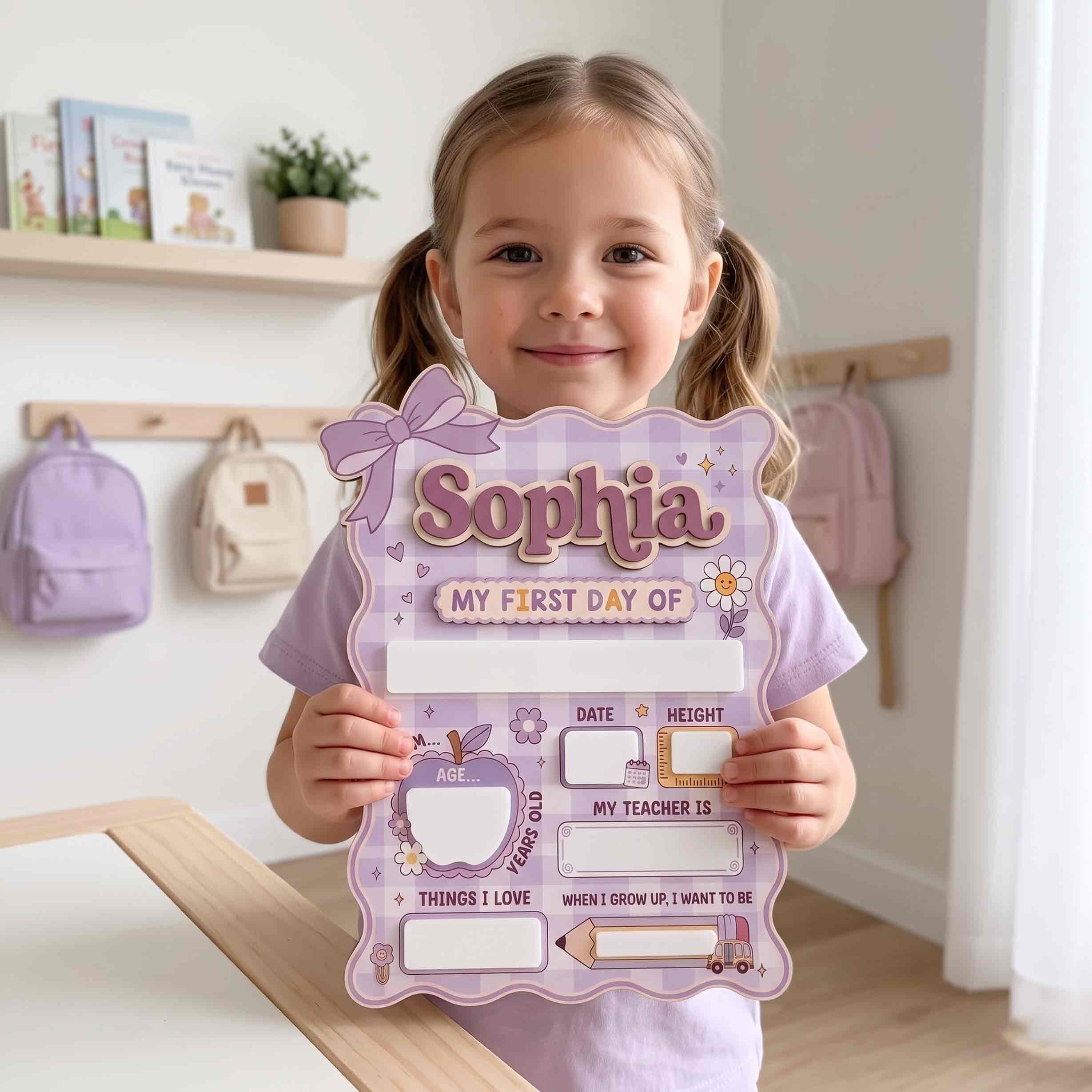 Personalized Purple Gingham Theme First & Last Day School Sign, Reusable Dry Erase Board, Back to School Sign