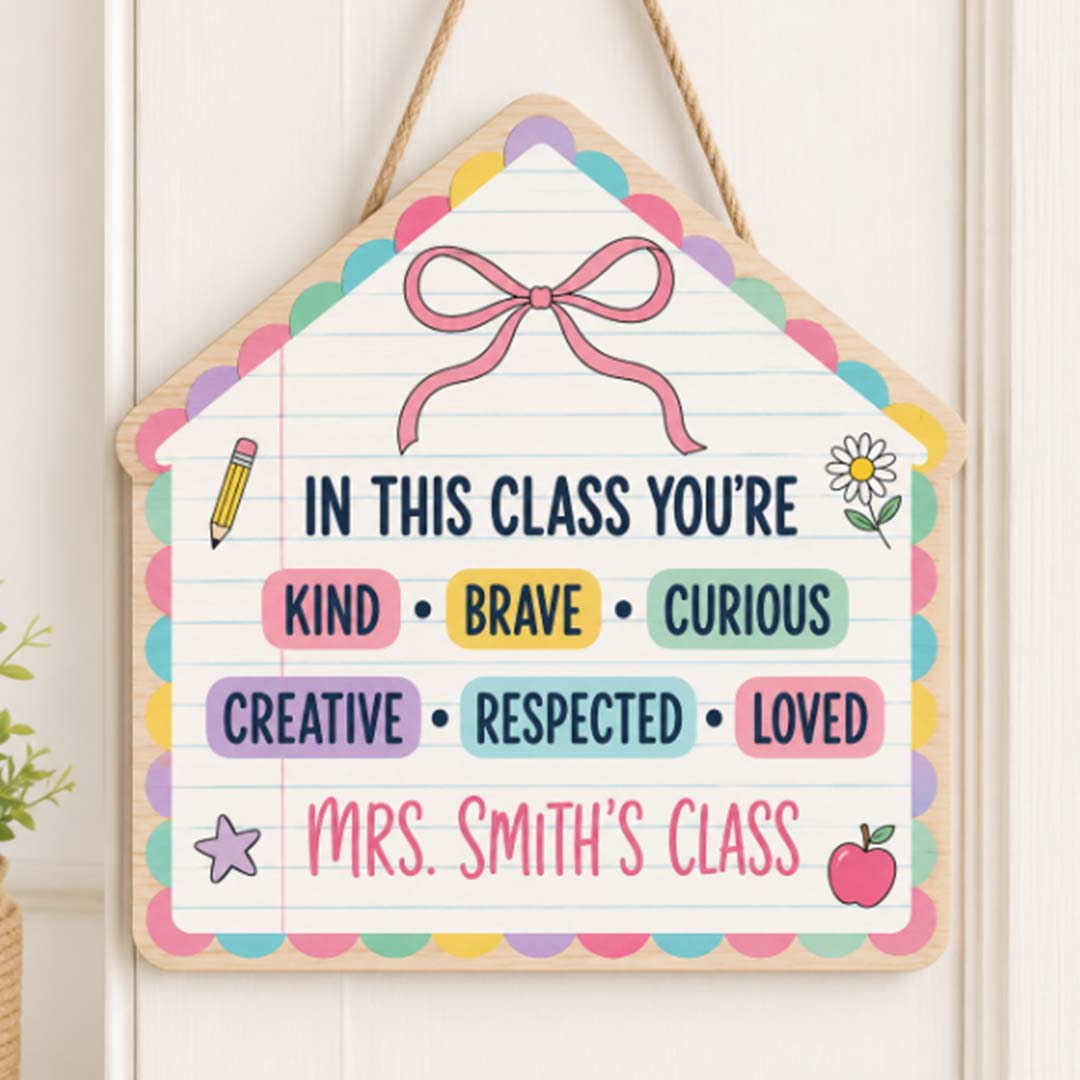Personalized Teacher Name Wooden Sign Door Hanger Adorable Floral Welcome Class Sign Wooden Classroom Decor, Back to School Sign
