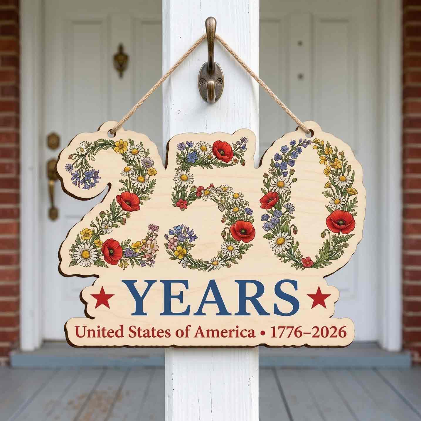 America 250 Years Wildflower Wooden Sign United States Anniversary Decor