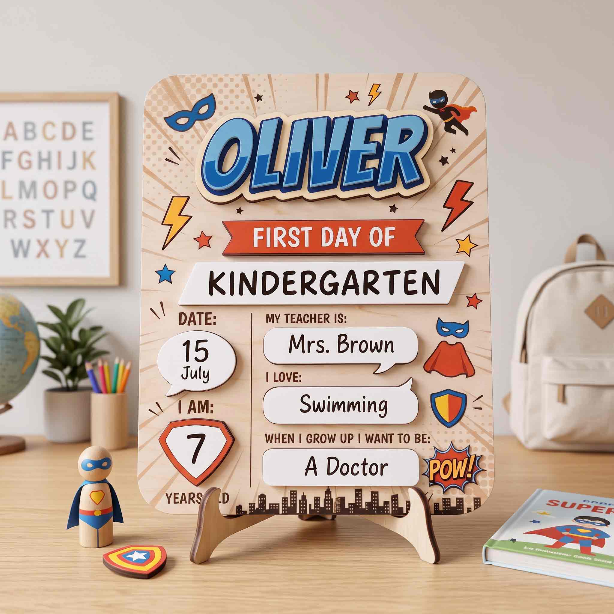 Personalized Superhero School Theme First & Last Day School Sign, Reusable Dry Erase Board, Back to School Sign